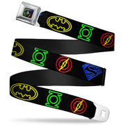 JL-Batman Superman Green Lantern Flash Electric Logos Full Color Black White Multi Neon Seatbelt Belt - Justice League Electric Logos Black/Multi Neon Webbing Seatbelt Belts DC Comics