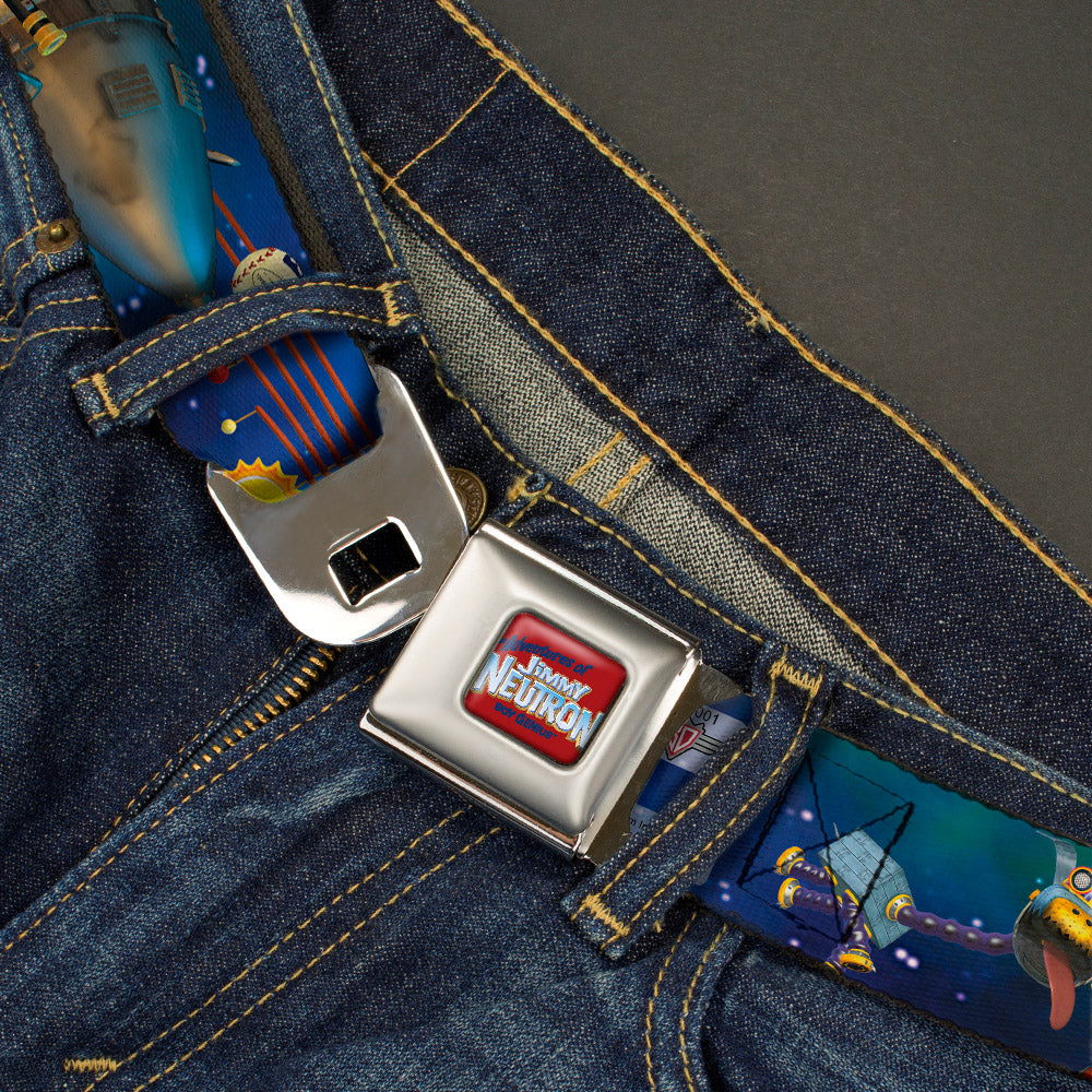 The Adventures of Jimmy Neutron Logo Full Color Red/Blues Seatbelt Belt - Jimmy Neutron, Carl & Goddard Flying in Space Webbing Seatbelt Belts Jimmy Neutron