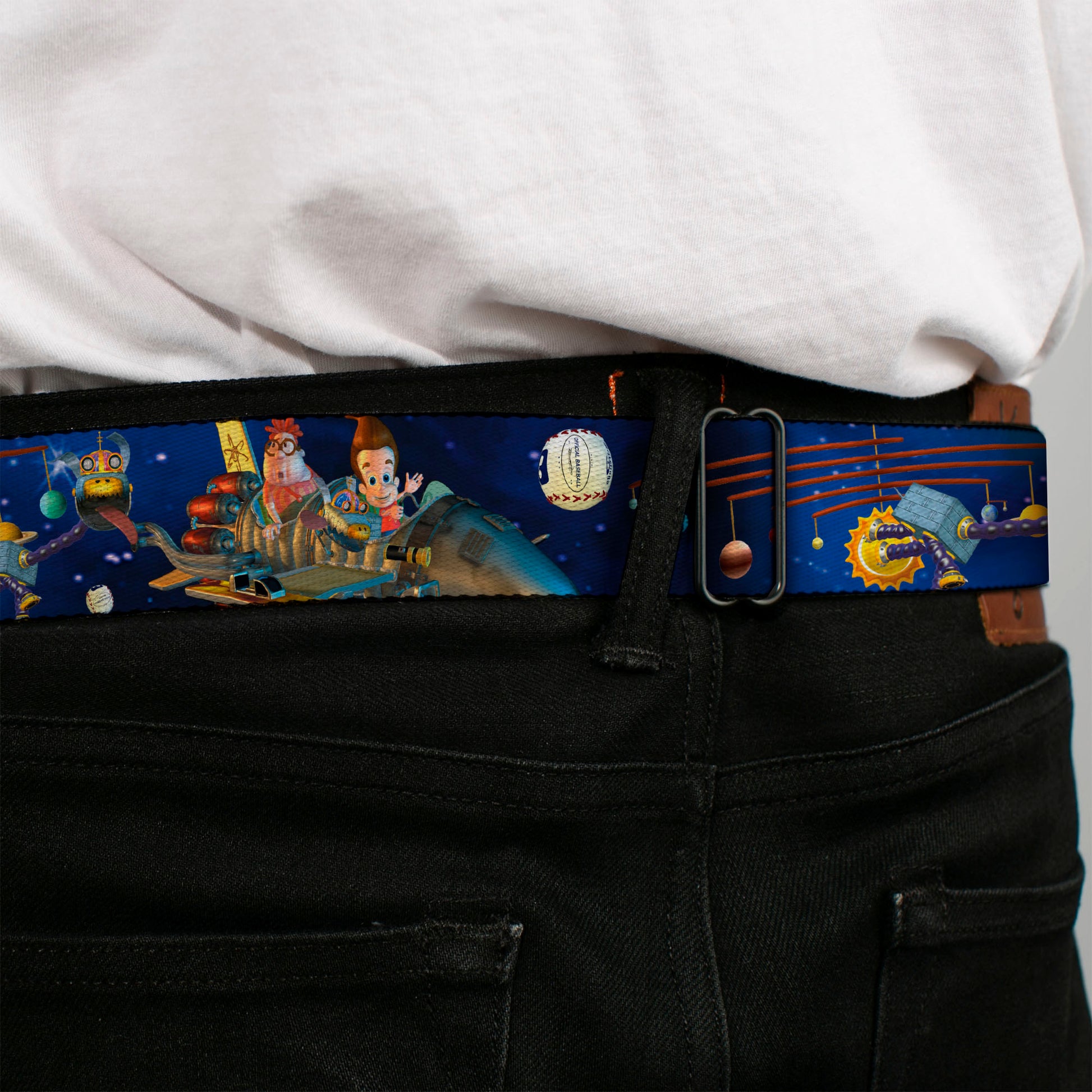 The Adventures of Jimmy Neutron Logo Full Color Red/Blues Seatbelt Belt - Jimmy Neutron, Carl & Goddard Flying in Space Webbing Seatbelt Belts Jimmy Neutron