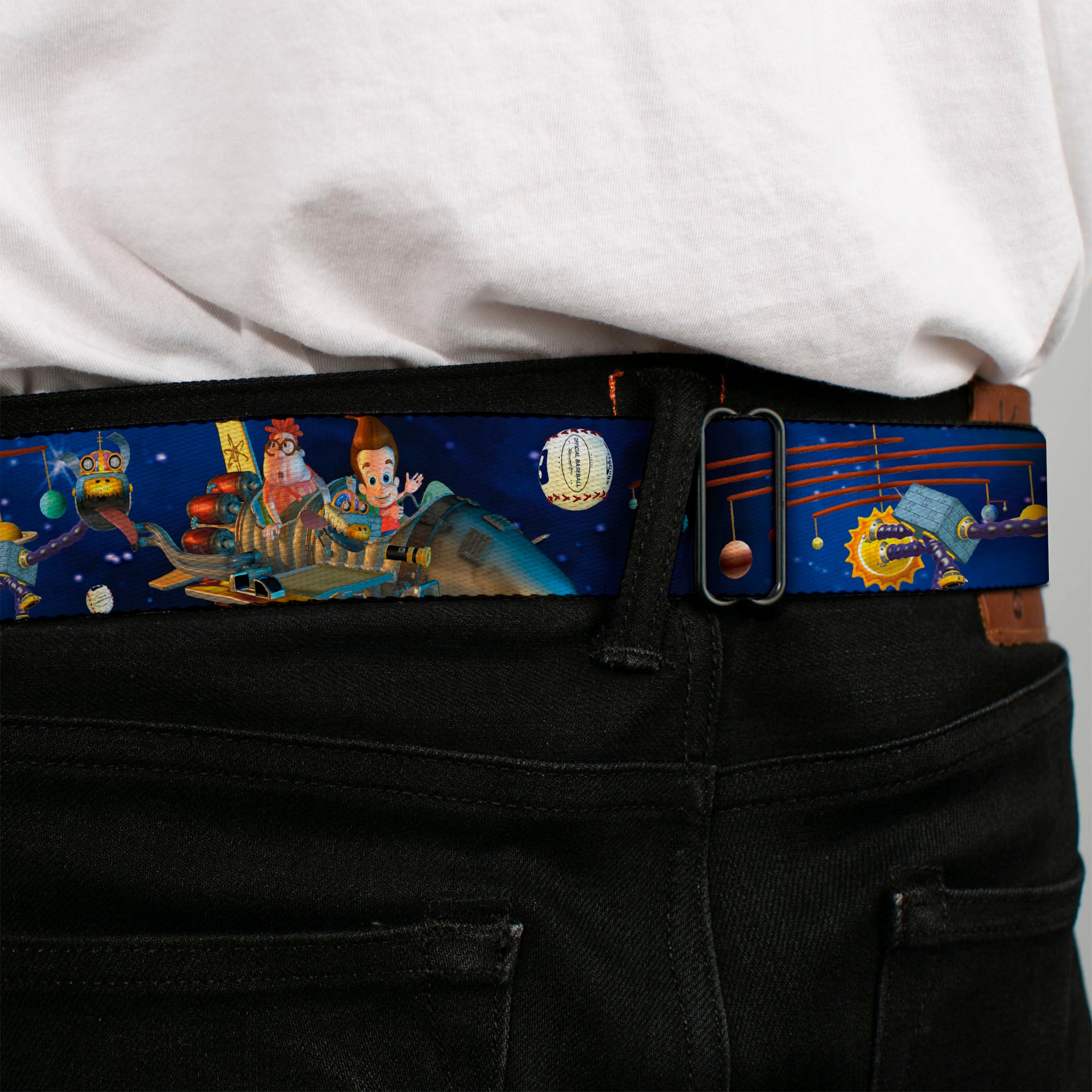 The Adventures of Jimmy Neutron Logo Full Color Red/Blues Seatbelt Belt - Jimmy Neutron, Carl & Goddard Flying in Space Webbing Seatbelt Belts Jimmy Neutron