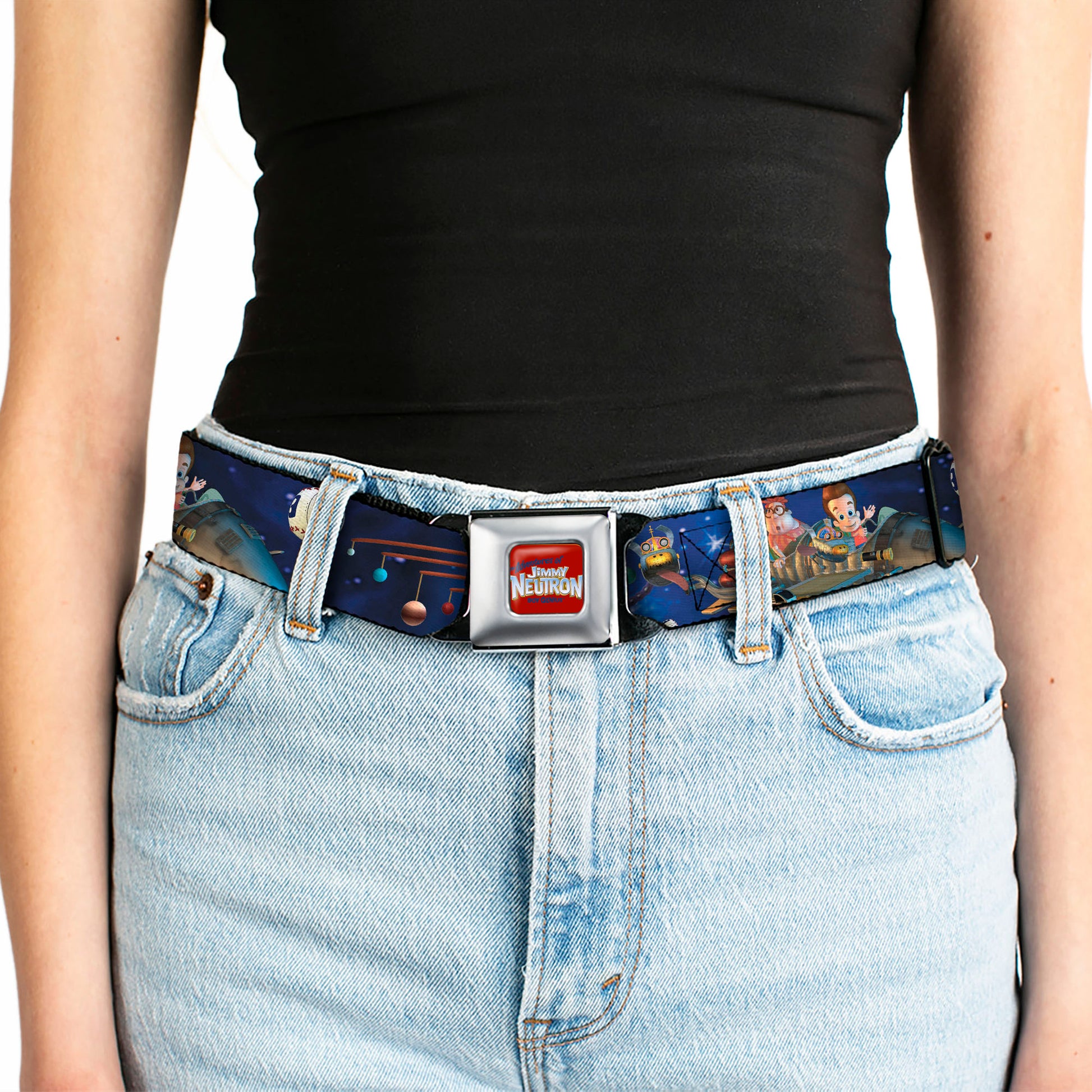 The Adventures of Jimmy Neutron Logo Full Color Red/Blues Seatbelt Belt - Jimmy Neutron, Carl & Goddard Flying in Space Webbing Seatbelt Belts Jimmy Neutron