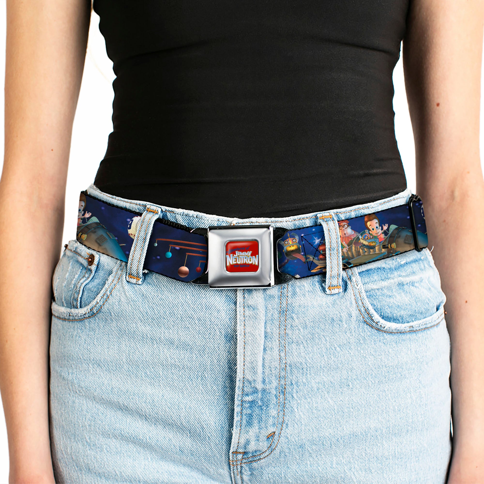 The Adventures of Jimmy Neutron Logo Full Color Red/Blues Seatbelt Belt - Jimmy Neutron, Carl & Goddard Flying in Space Webbing Seatbelt Belts Jimmy Neutron