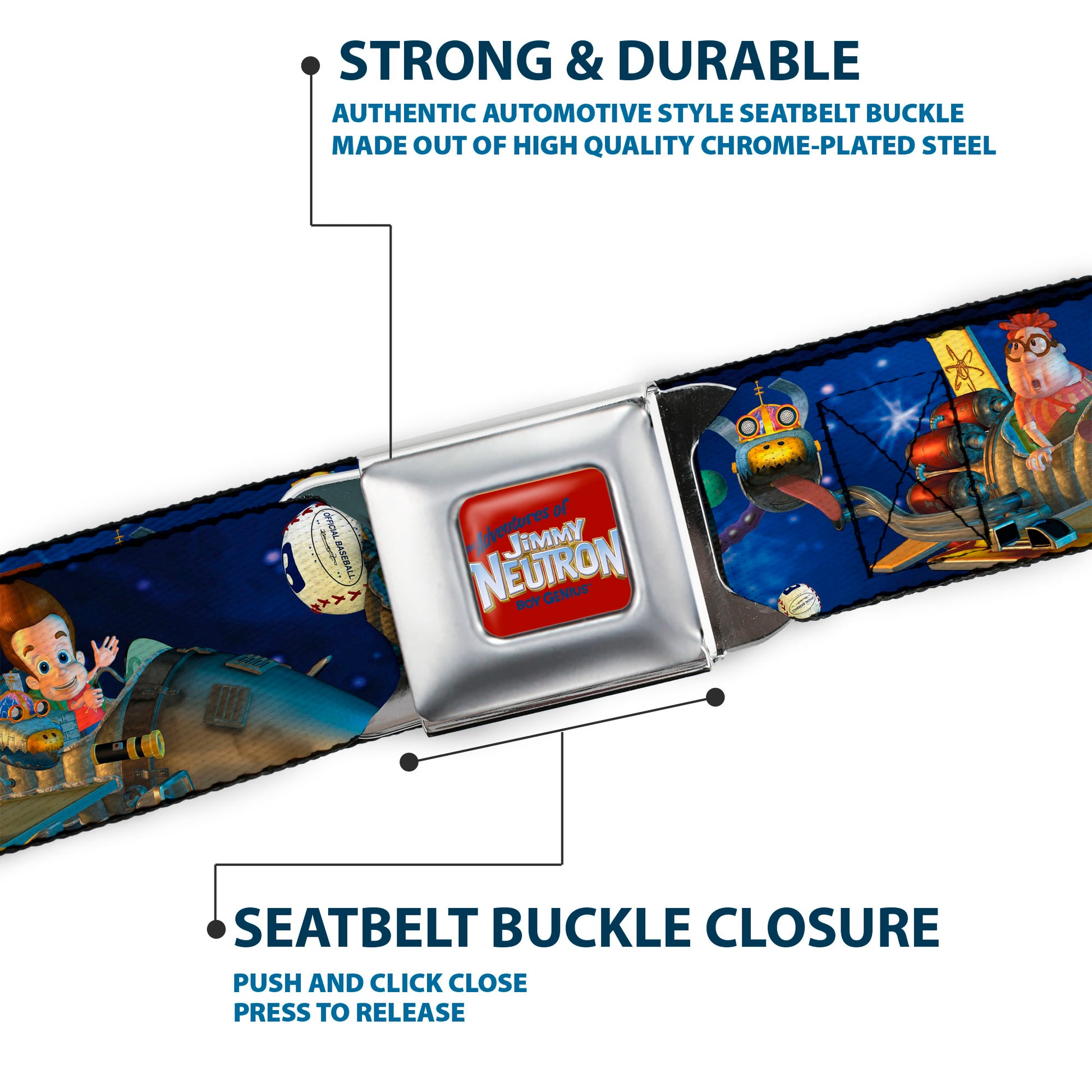 The Adventures of Jimmy Neutron Logo Full Color Red/Blues Seatbelt Belt - Jimmy Neutron, Carl & Goddard Flying in Space Webbing Seatbelt Belts Jimmy Neutron