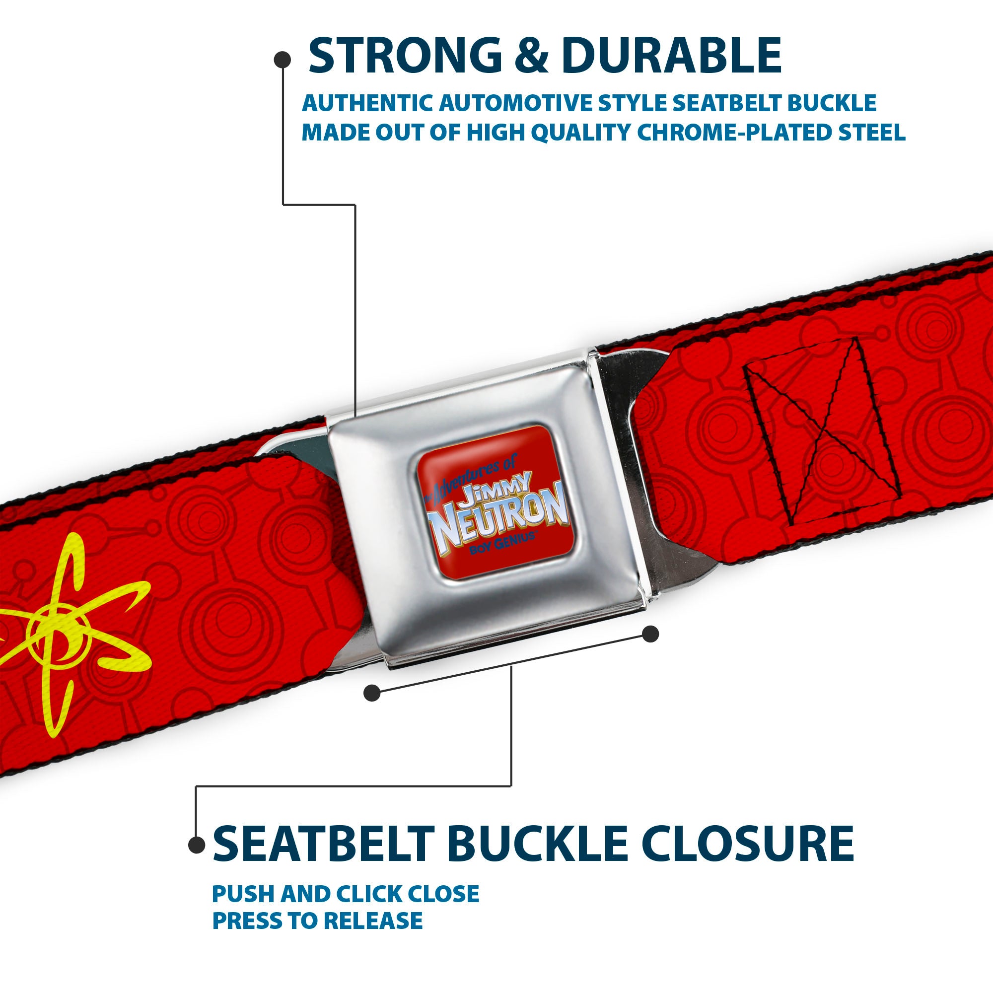 The Adventures of Jimmy Neutron Logo Full Color Red/Blues Seatbelt Belt - Jimmy Neutron Atoms & Molecules Red/Yellow Webbing Seatbelt Belts Jimmy Neutron