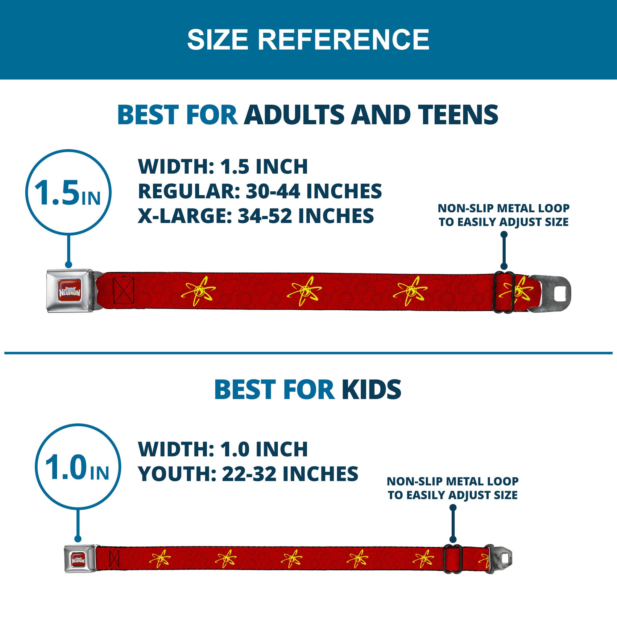 The Adventures of Jimmy Neutron Logo Full Color Red/Blues Seatbelt Belt - Jimmy Neutron Atoms & Molecules Red/Yellow Webbing Seatbelt Belts Jimmy Neutron