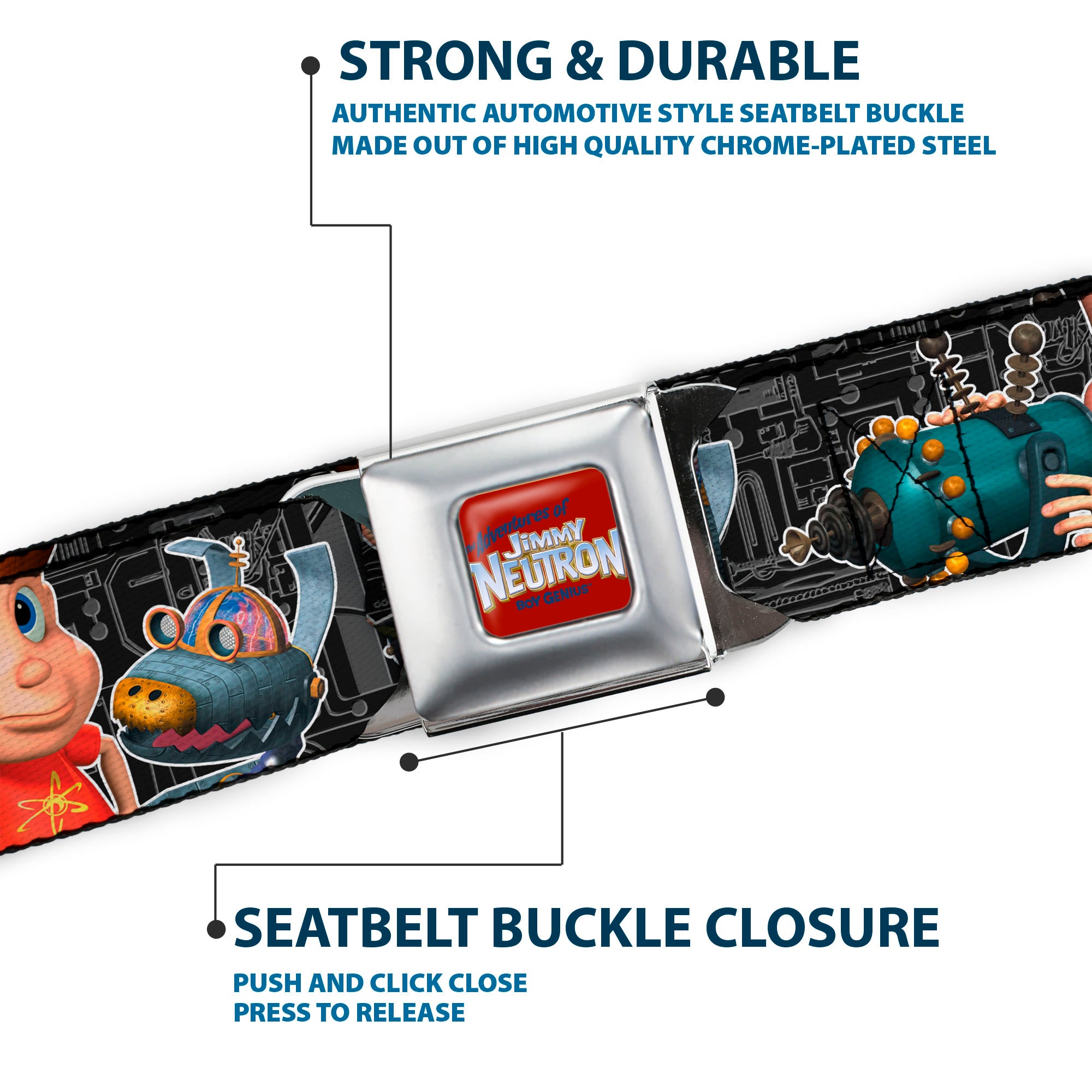 The Adventures of Jimmy Neutron Logo Full Color Red/Blues Seatbelt Belt - Jimmy Neutron Gadget Poses/Goddard Webbing Seatbelt Belts Jimmy Neutron