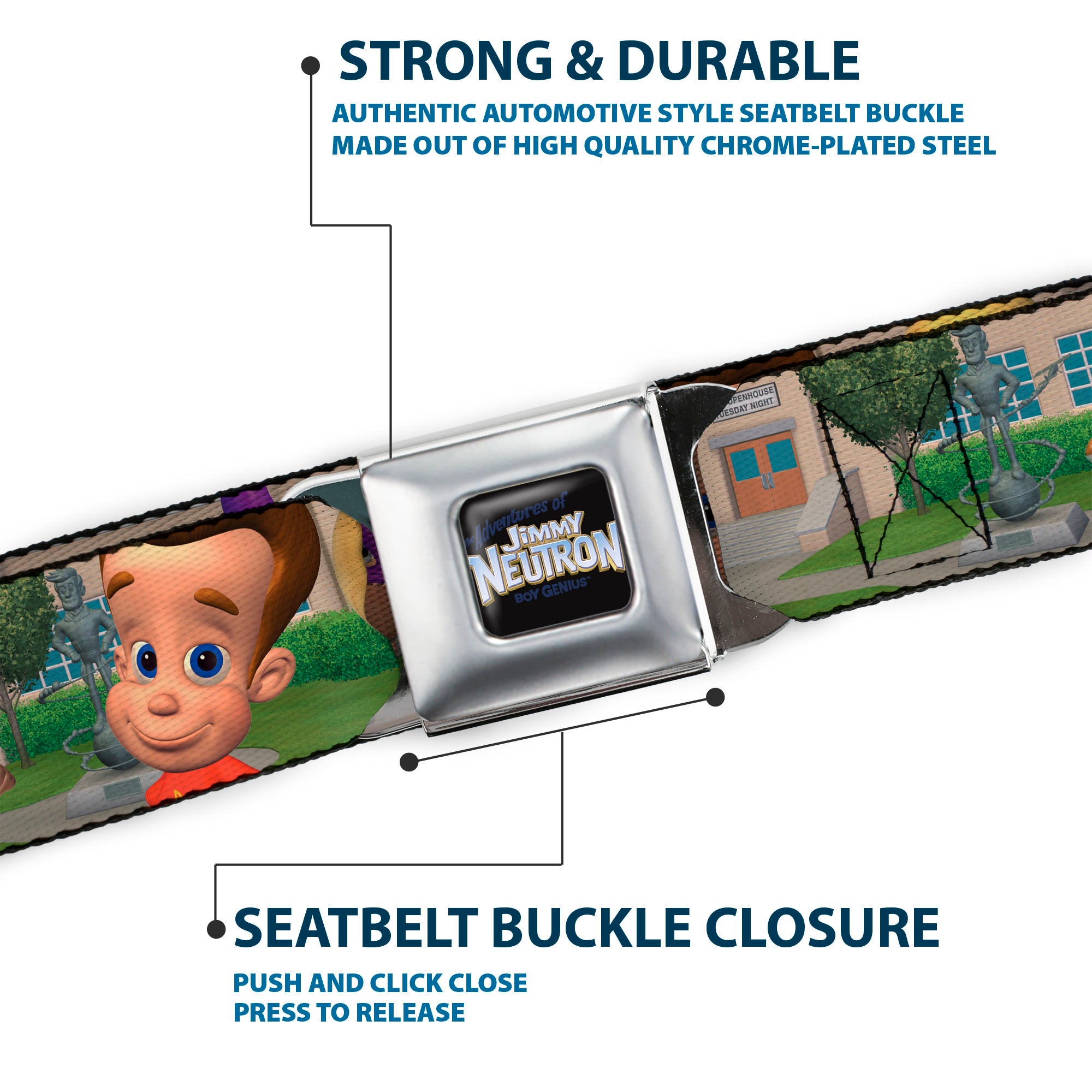 The Adventures of Jimmy Neutron Logo Full Color Black/Blues Full Color Seatbelt Belt - THE ADVENTURES OF JIMMY NEUTRON Group School Pose Webbing Seatbelt Belts Jimmy Neutron