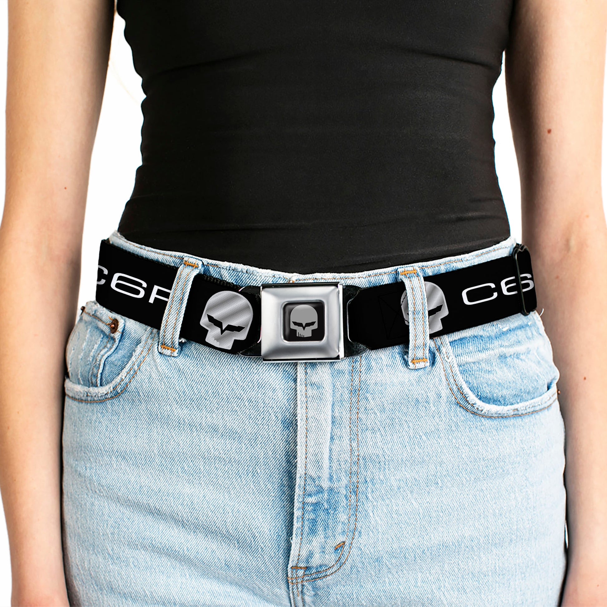 C6R Jake Skull Seatbelt Belt - C6R Racing Skull Logo Black/Silver Webbing Seatbelt Belts GM General Motors