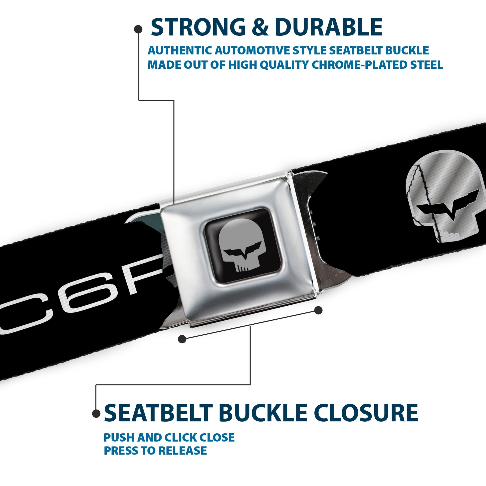 C6R Jake Skull Seatbelt Belt - C6R Racing Skull Logo Black/Silver Webbing Seatbelt Belts GM General Motors
