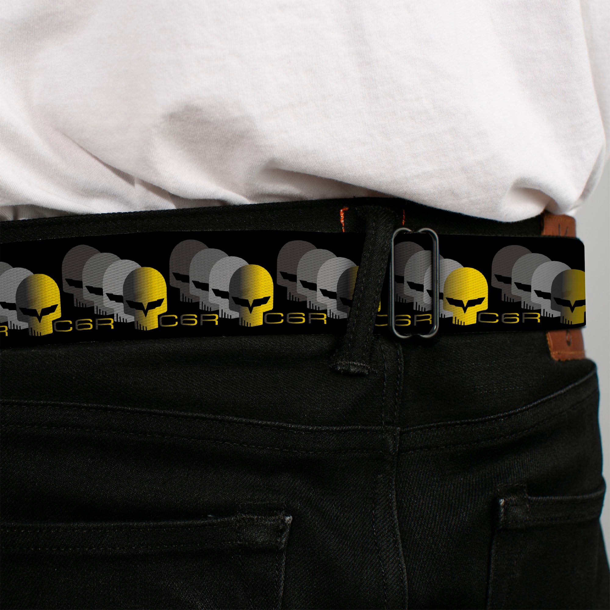 C6R Jake Skull Seatbelt Belt - C6 Racing w/Skull Repeat Black/Yellow/Silver Webbing Seatbelt Belts GM General Motors