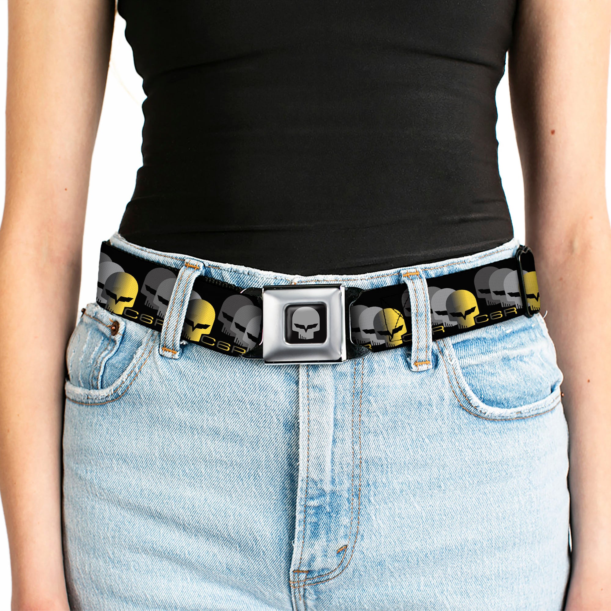 C6R Jake Skull Seatbelt Belt - C6 Racing w/Skull Repeat Black/Yellow/Silver Webbing Seatbelt Belts GM General Motors