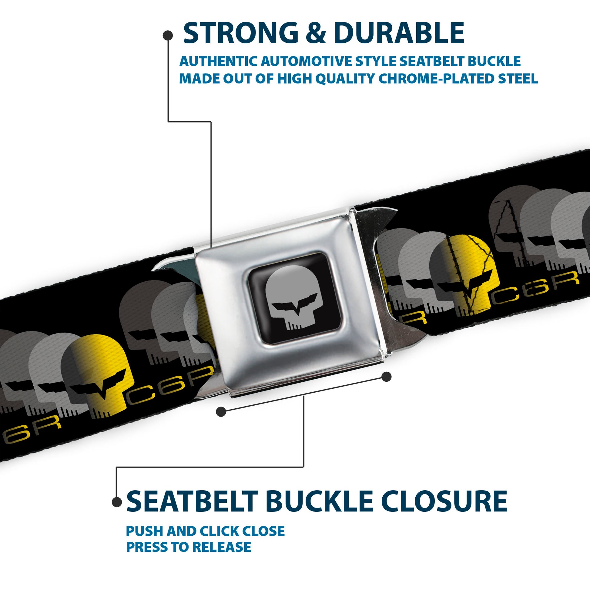 C6R Jake Skull Seatbelt Belt - C6 Racing w/Skull Repeat Black/Yellow/Silver Webbing Seatbelt Belts GM General Motors