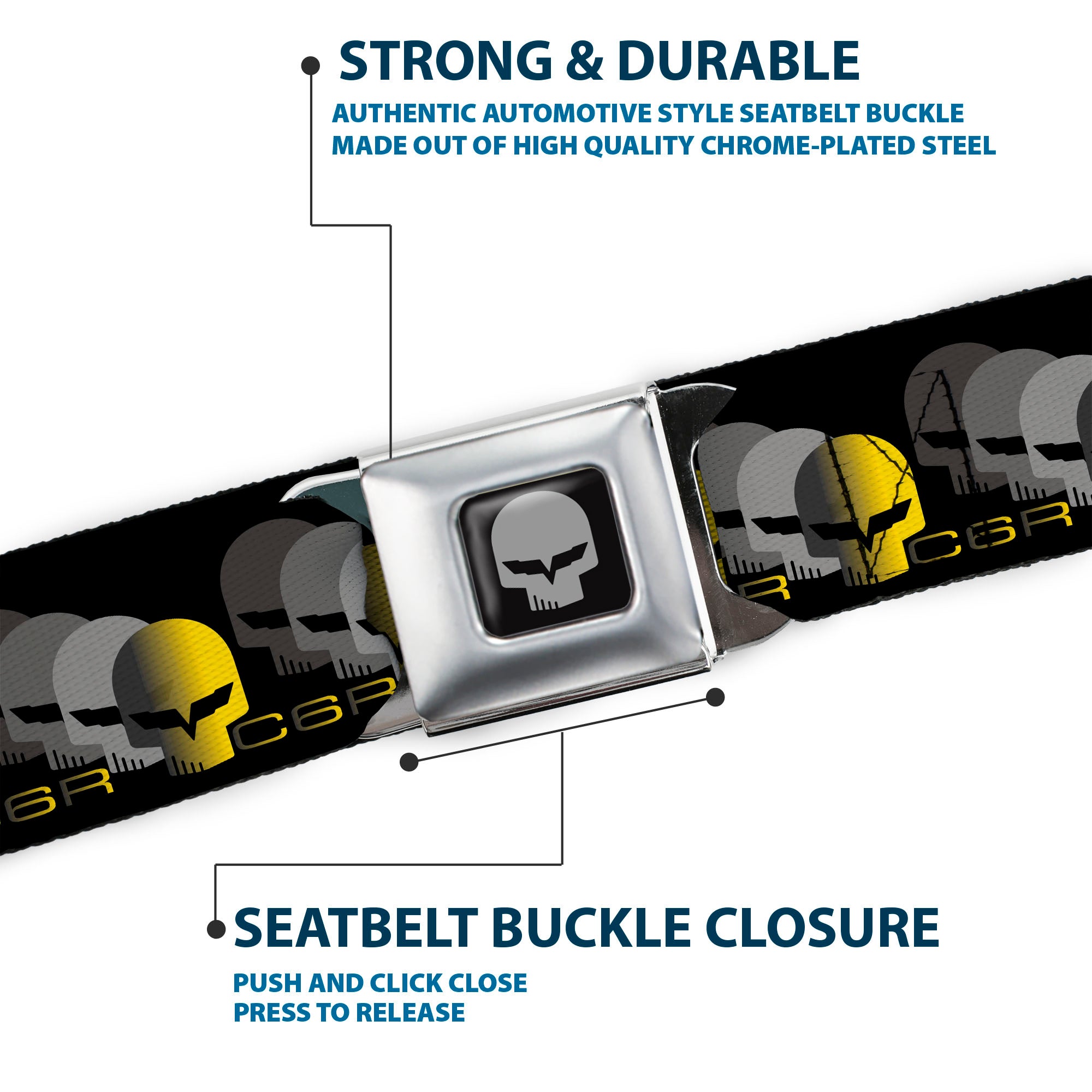 C6R Jake Skull Seatbelt Belt - C6 Racing w/Skull Repeat Black/Yellow/Silver Webbing Seatbelt Belts GM General Motors