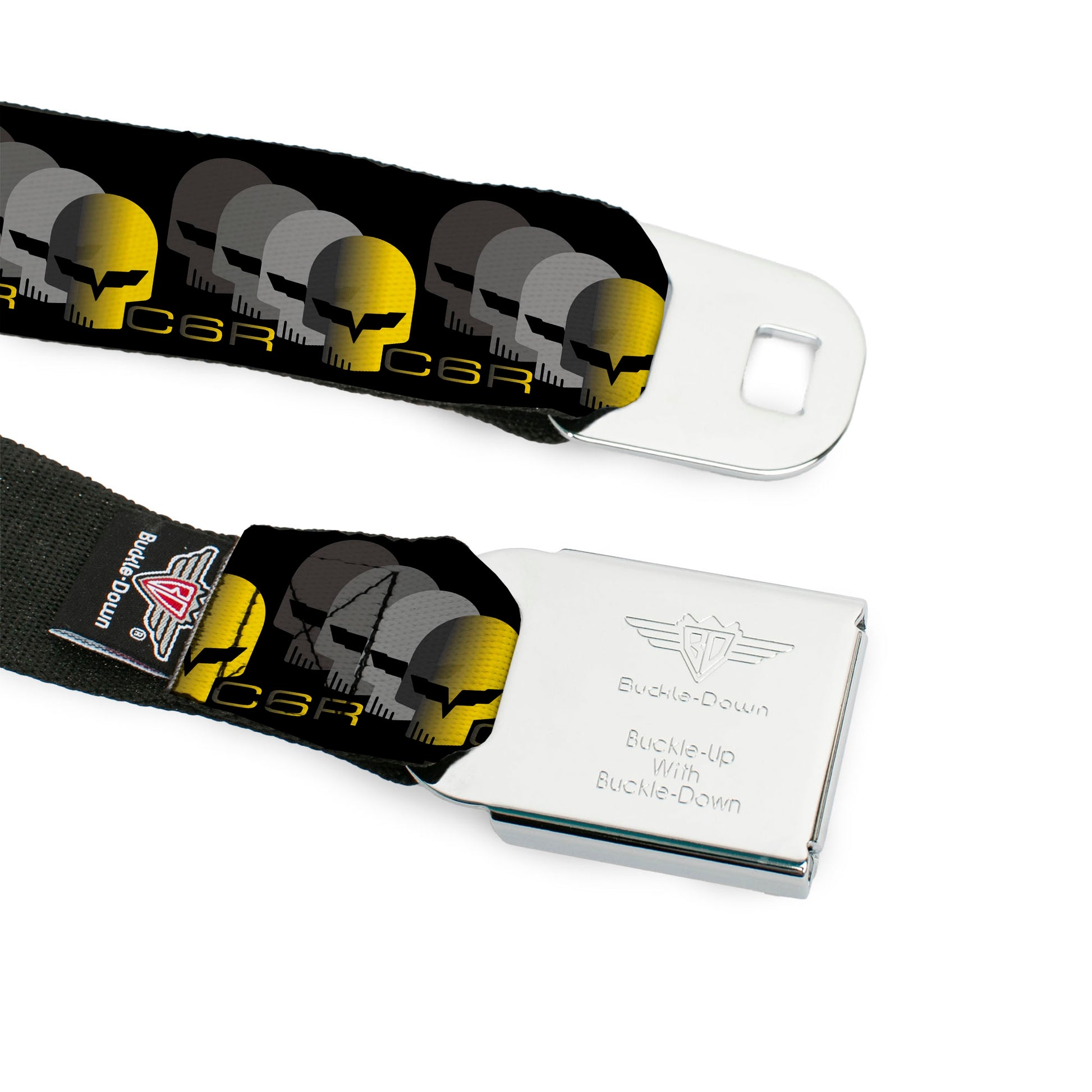 C6R Jake Skull Seatbelt Belt - C6 Racing w/Skull Repeat Black/Yellow/Silver Webbing Seatbelt Belts GM General Motors