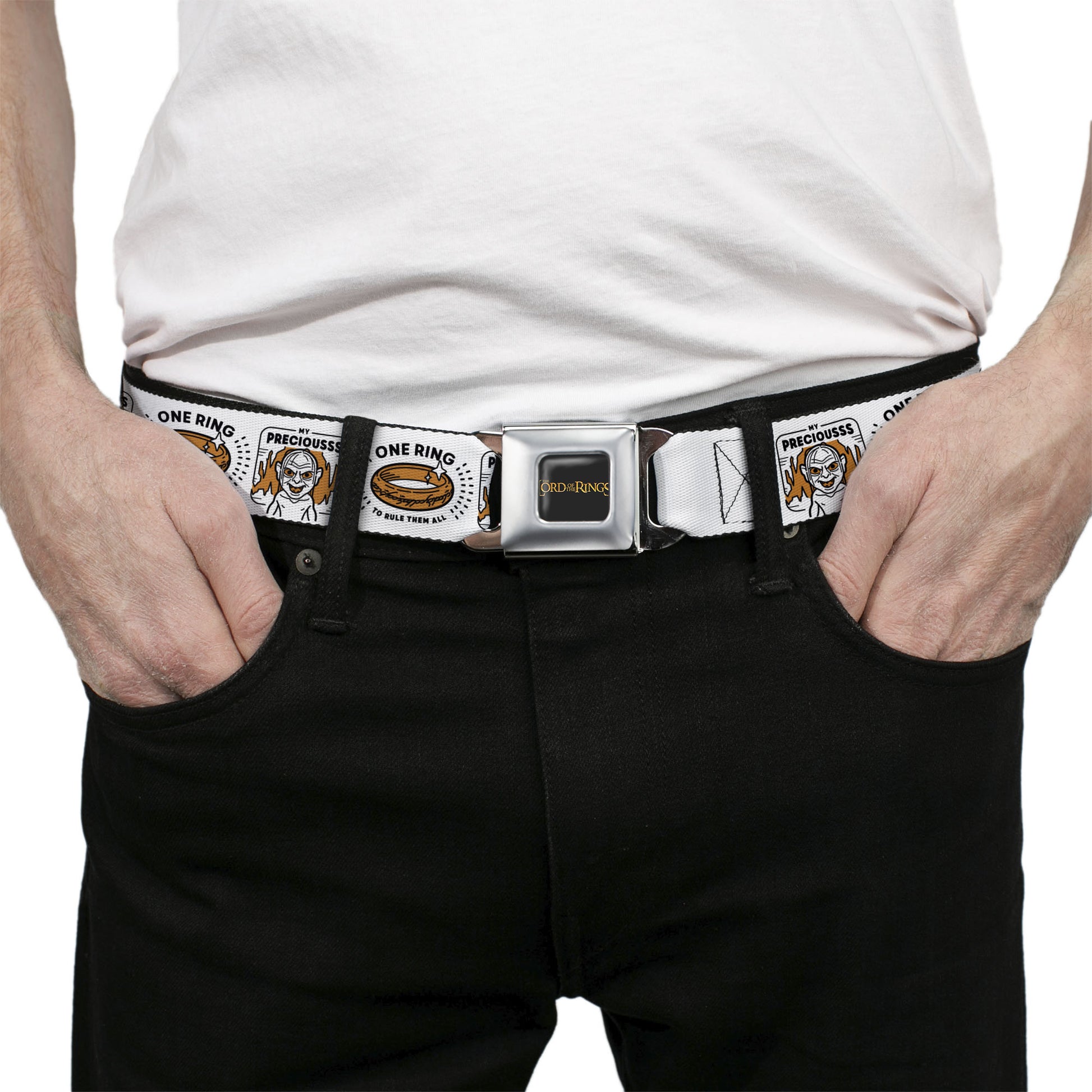 THE LORD OF THE RINGS Title Logo Full Color Black/Yellow Seatbelt Belt - Lord of the Rings MY PRECIOUS Gollum and ONE RING Doodle Art White Webbing Seatbelt Belts The Lord of the Rings