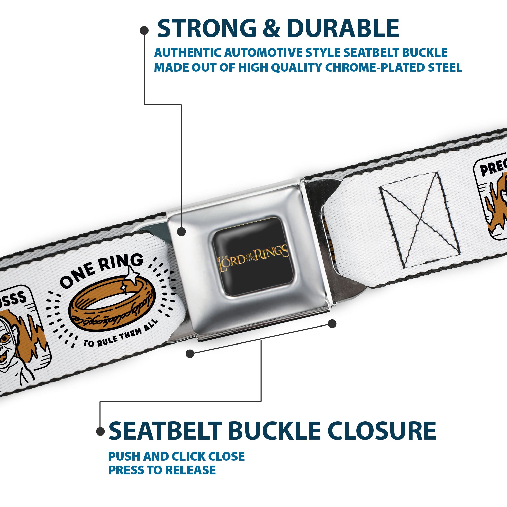THE LORD OF THE RINGS Title Logo Full Color Black/Yellow Seatbelt Belt - Lord of the Rings MY PRECIOUS Gollum and ONE RING Doodle Art White Webbing Seatbelt Belts The Lord of the Rings