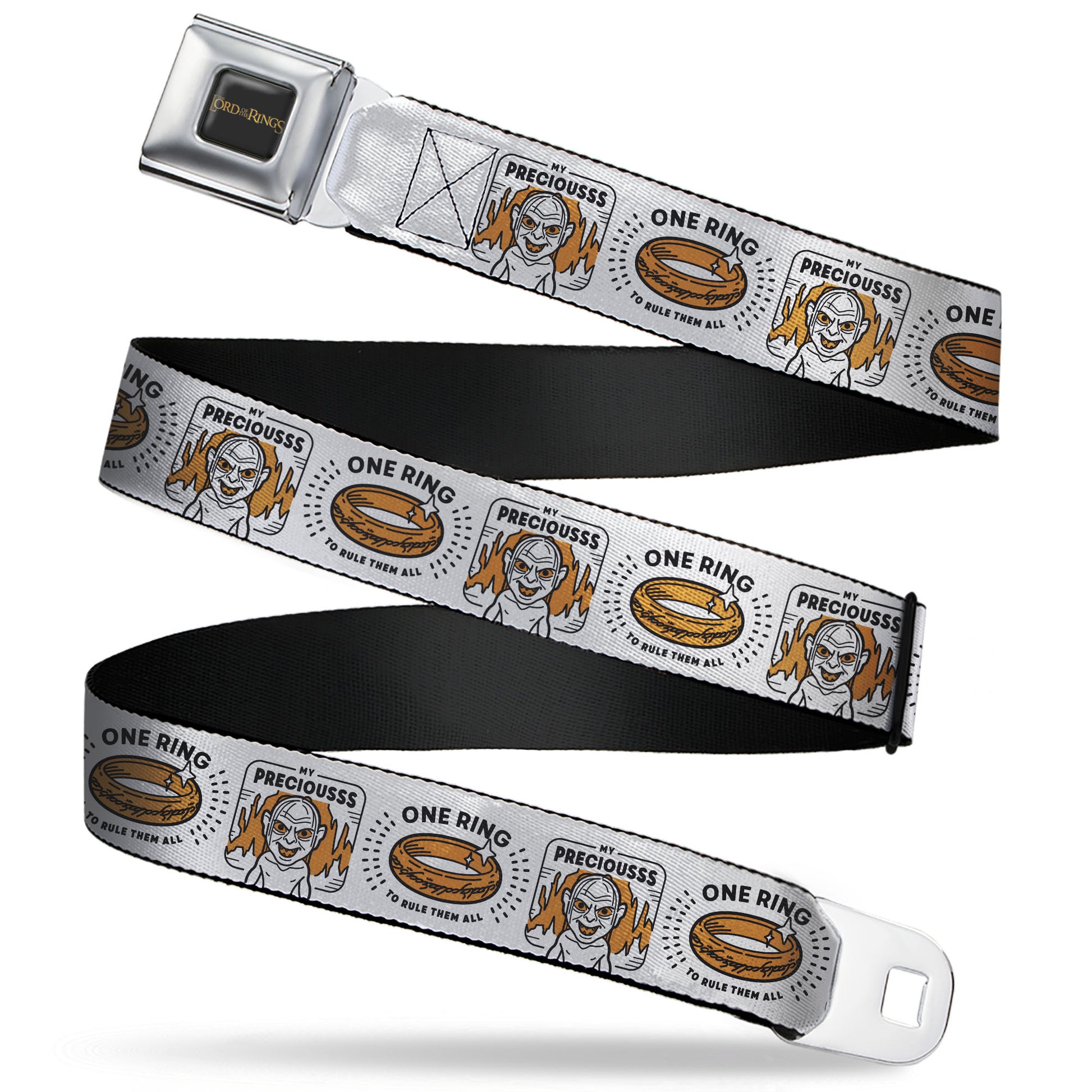 THE LORD OF THE RINGS Title Logo Full Color Black/Yellow Seatbelt Belt - Lord of the Rings MY PRECIOUS Gollum and ONE RING Doodle Art White Webbing Seatbelt Belts The Lord of the Rings