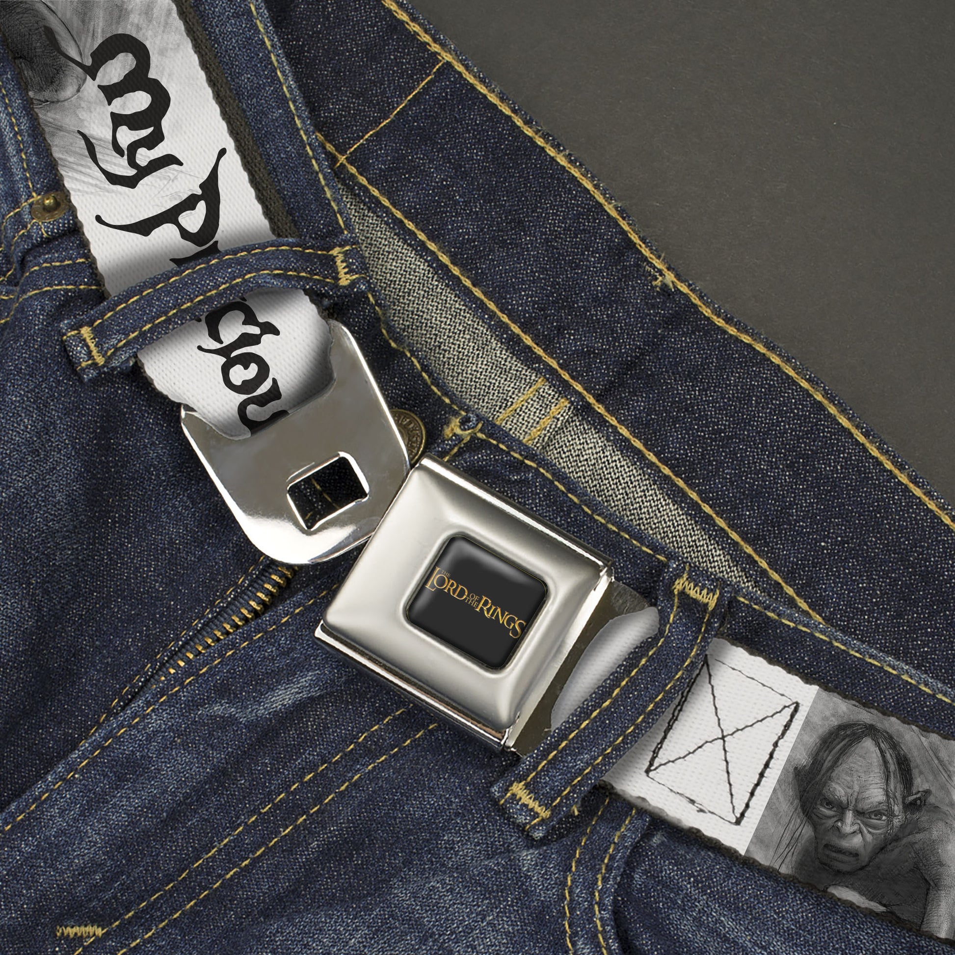 THE LORD OF THE RINGS Title Logo Full Color Black/Yellow Seatbelt Belt - The Lord of the Rings Gollum MY PRECIOUS Sketch White/Grays/Black Webbing Seatbelt Belts The Lord of the Rings