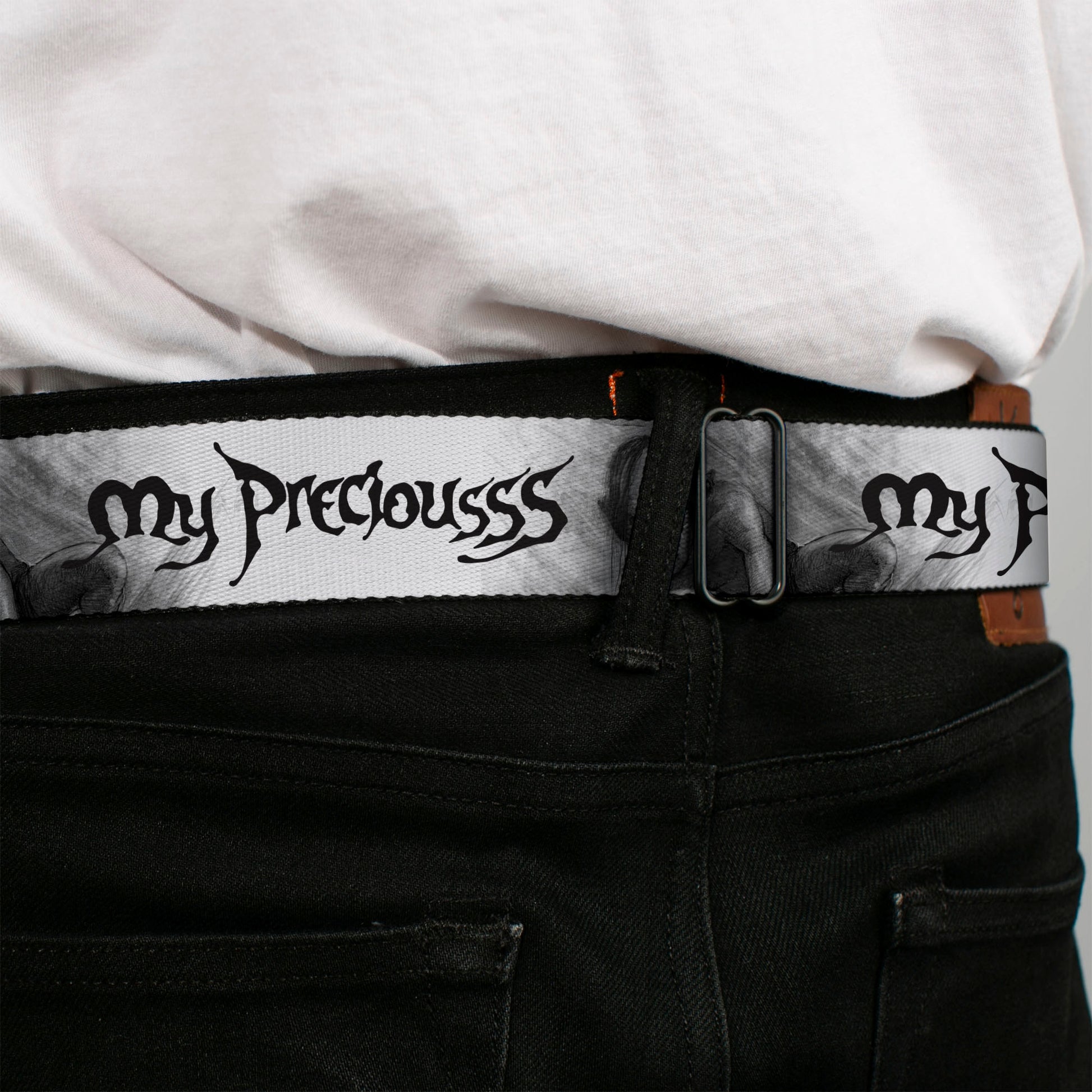 THE LORD OF THE RINGS Title Logo Full Color Black/Yellow Seatbelt Belt - The Lord of the Rings Gollum MY PRECIOUS Sketch White/Grays/Black Webbing Seatbelt Belts The Lord of the Rings