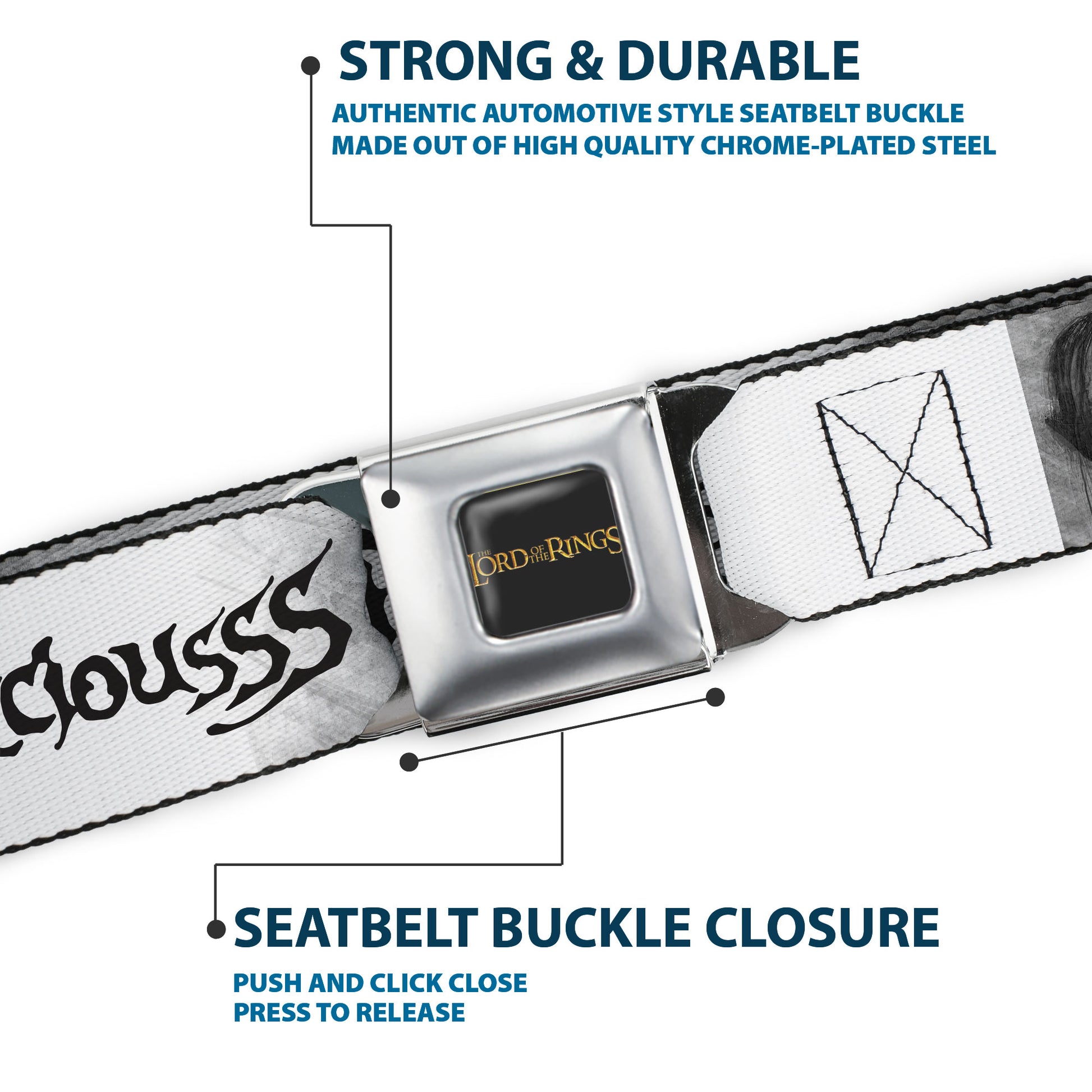 THE LORD OF THE RINGS Title Logo Full Color Black/Yellow Seatbelt Belt - The Lord of the Rings Gollum MY PRECIOUS Sketch White/Grays/Black Webbing Seatbelt Belts The Lord of the Rings