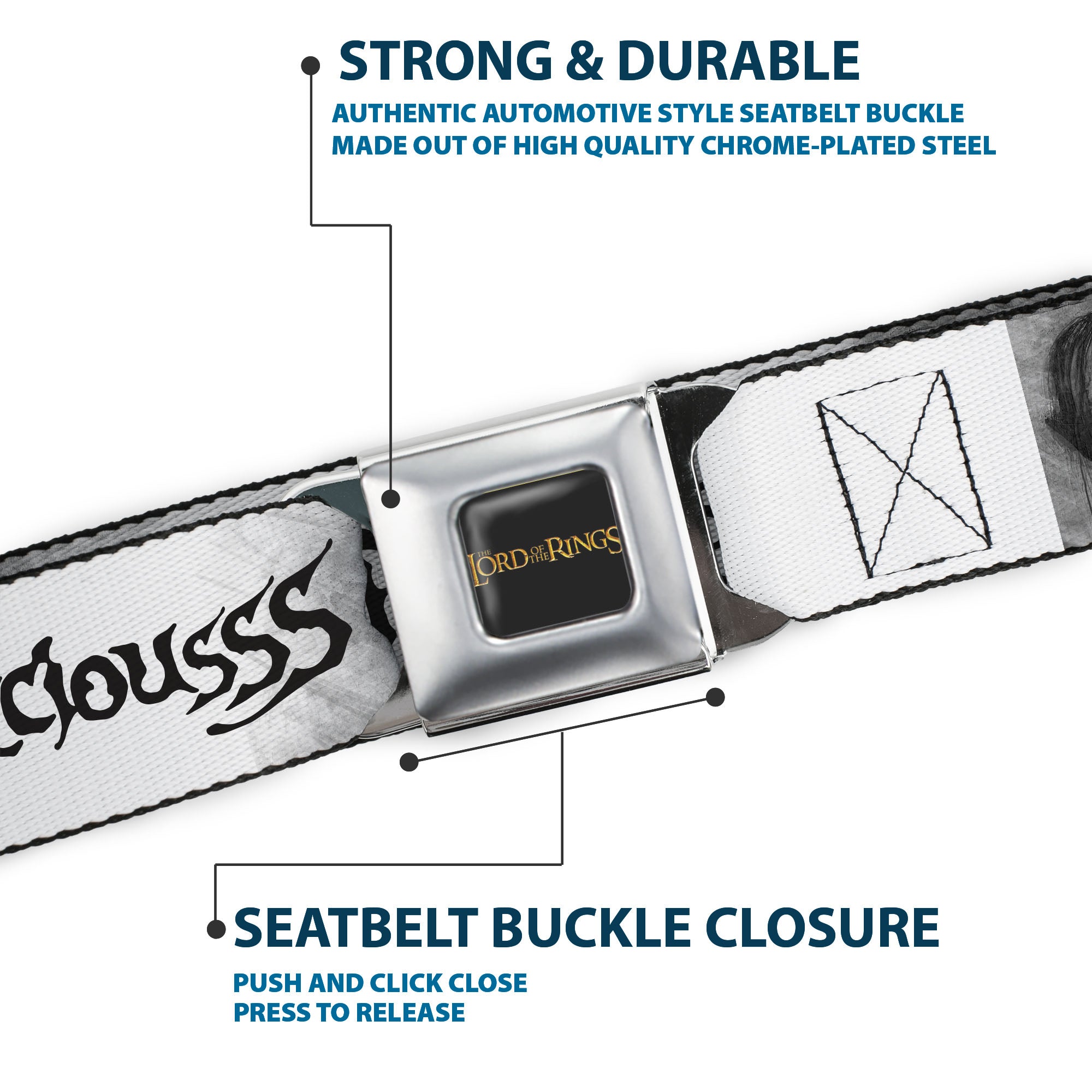 THE LORD OF THE RINGS Title Logo Full Color Black/Yellow Seatbelt Belt - The Lord of the Rings Gollum MY PRECIOUS Sketch White/Grays/Black Webbing Seatbelt Belts The Lord of the Rings