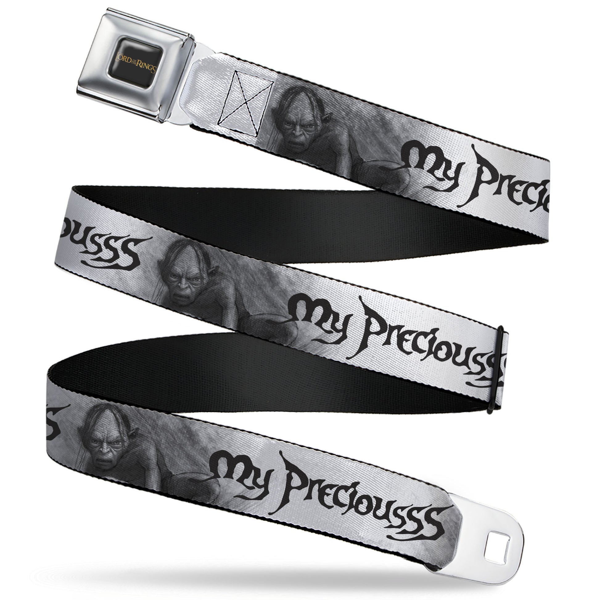THE LORD OF THE RINGS Title Logo Full Color Black/Yellow Seatbelt Belt - The Lord of the Rings Gollum MY PRECIOUS Sketch White/Grays/Black Webbing Seatbelt Belts The Lord of the Rings