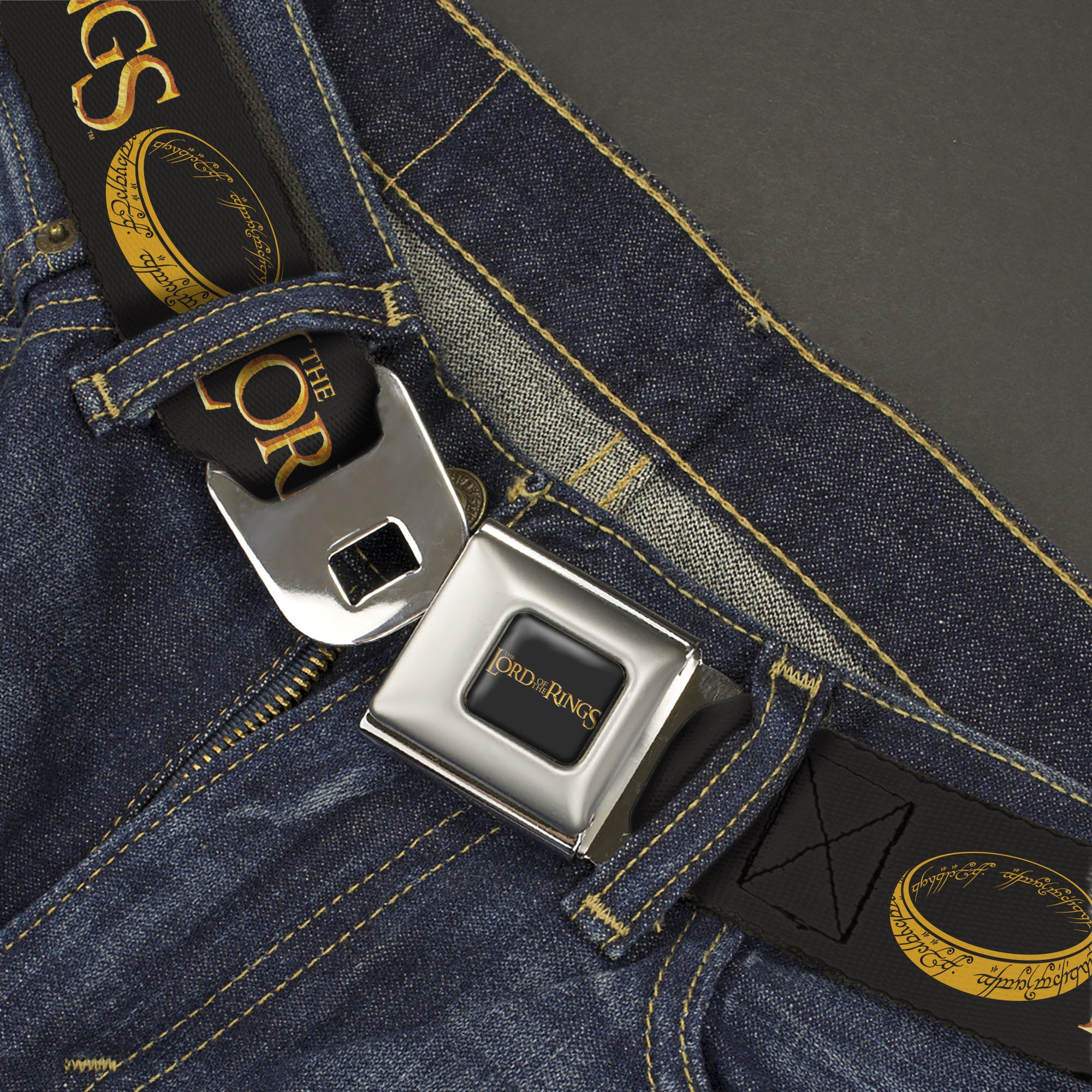 THE LORD OF THE RINGS Title Logo Full Color Black/Yellow Seatbelt Belt - THE LORD OF THE RINGS One Ring and Title Logo Black/Yellows Webbing Seatbelt Belts The Lord of the Rings