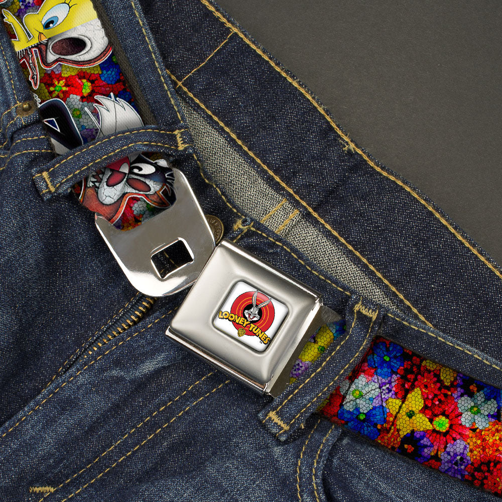 Looney Tunes Logo Full Color White Seatbelt Belt - Looney Tunes 6-Anatomy Character Poses Black Webbing Seatbelt Belts Looney Tunes