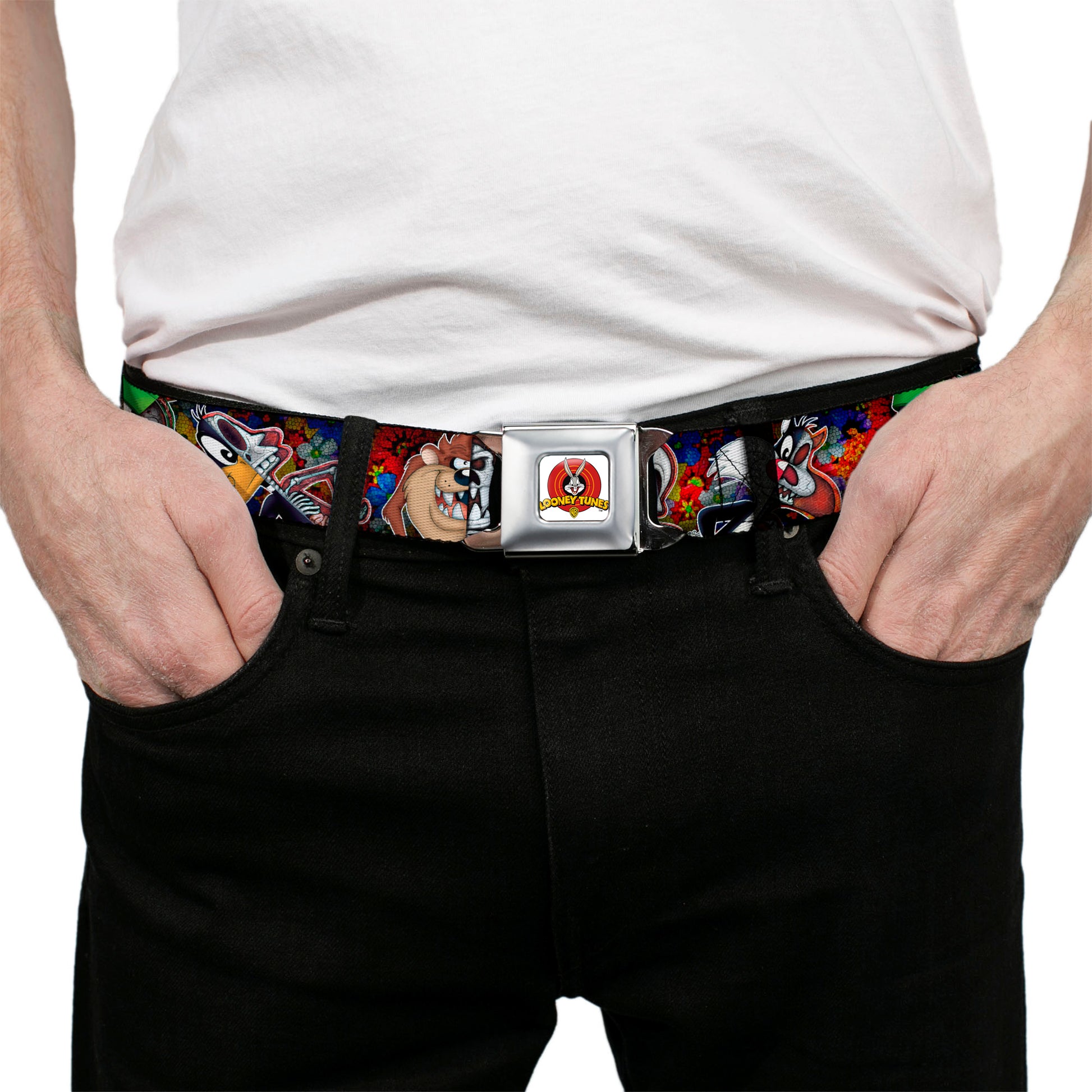 Looney Tunes Logo Full Color White Seatbelt Belt - Looney Tunes 6-Anatomy Character Poses Black Webbing Seatbelt Belts Looney Tunes