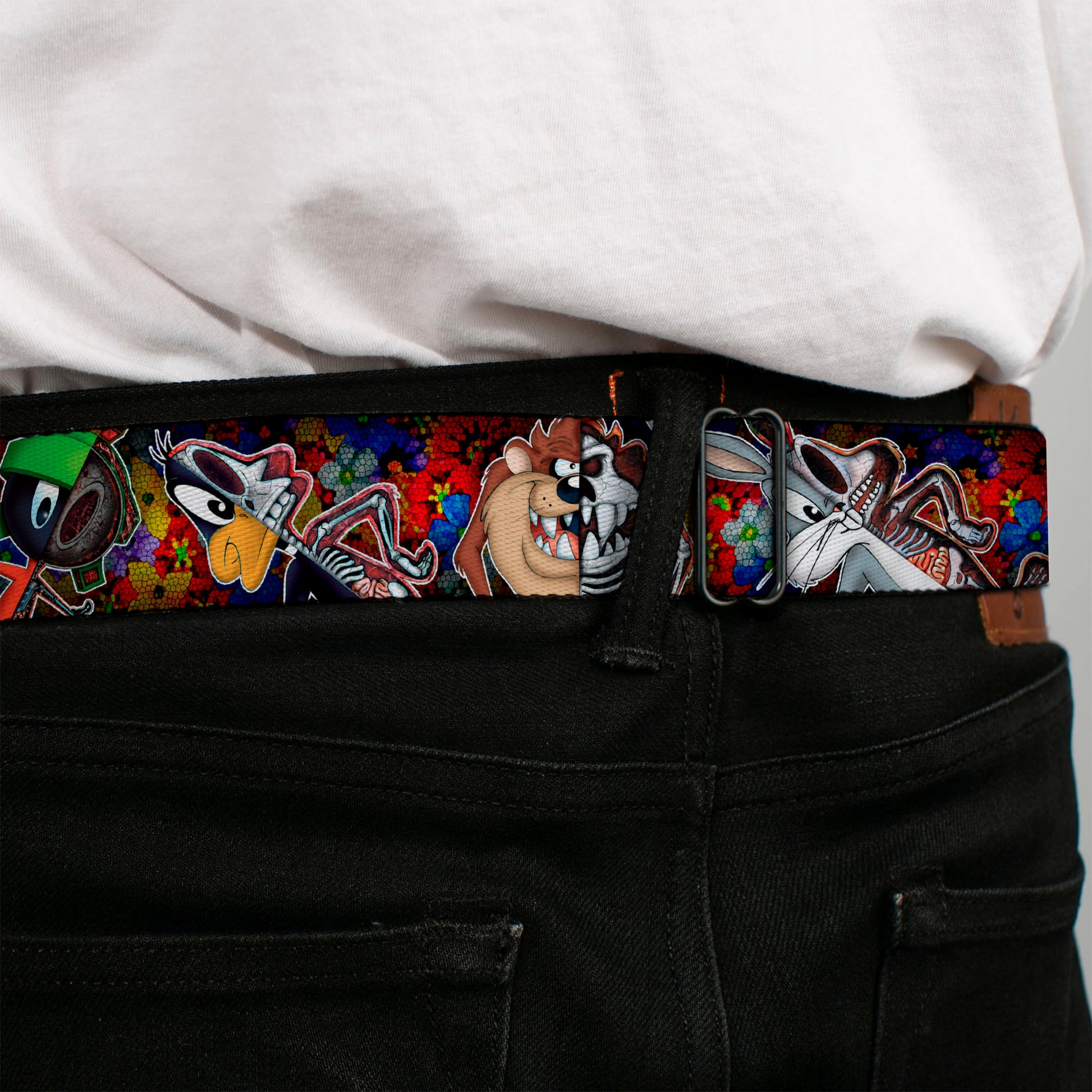 Looney Tunes Logo Full Color White Seatbelt Belt - Looney Tunes 6-Anatomy Character Poses Black Webbing Seatbelt Belts Looney Tunes