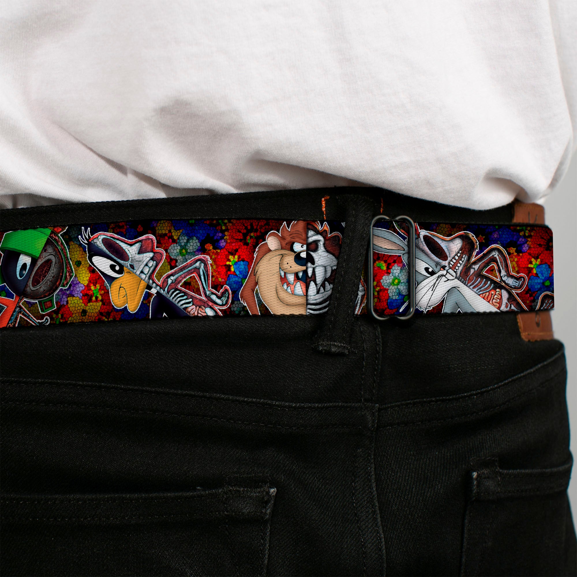 Looney Tunes Logo Full Color White Seatbelt Belt - Looney Tunes 6-Anatomy Character Poses Black Webbing Seatbelt Belts Looney Tunes