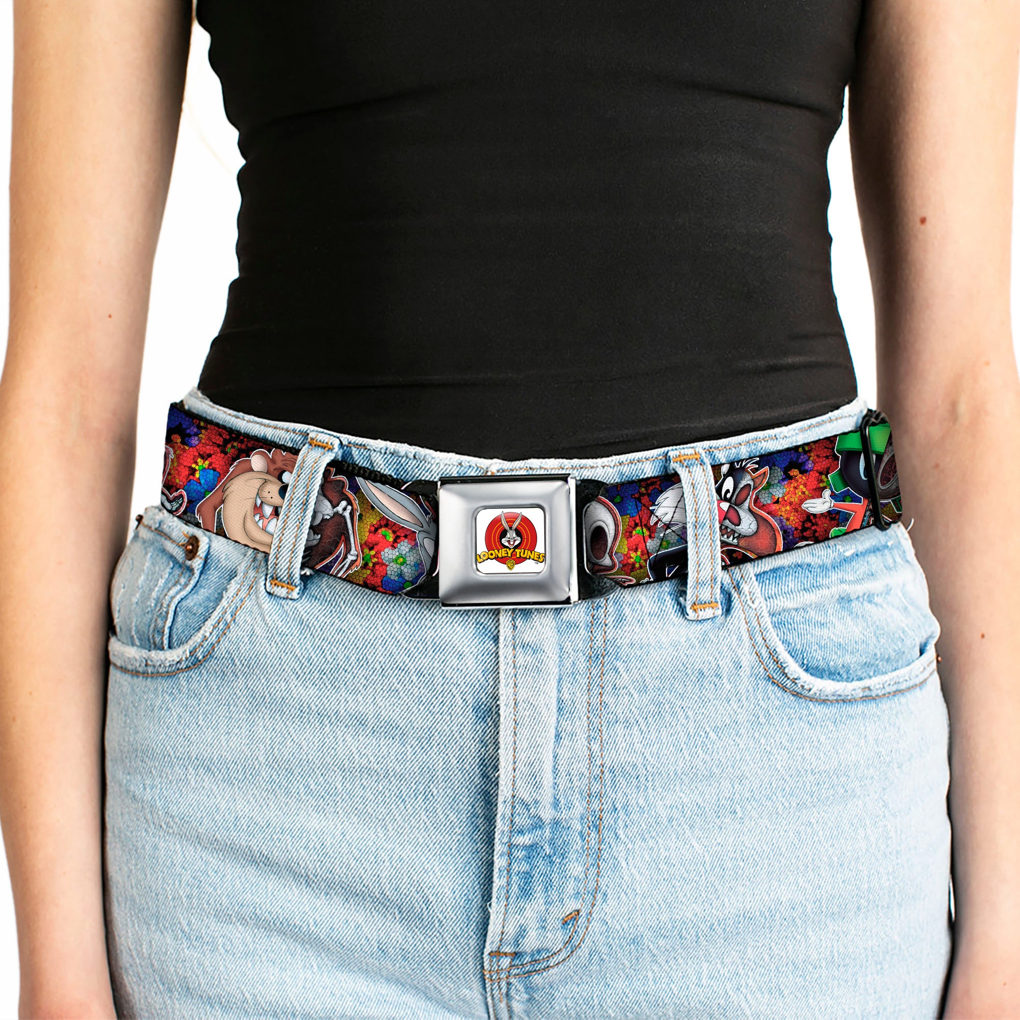 Looney Tunes Logo Full Color White Seatbelt Belt - Looney Tunes 6-Anatomy Character Poses Black Webbing Seatbelt Belts Looney Tunes