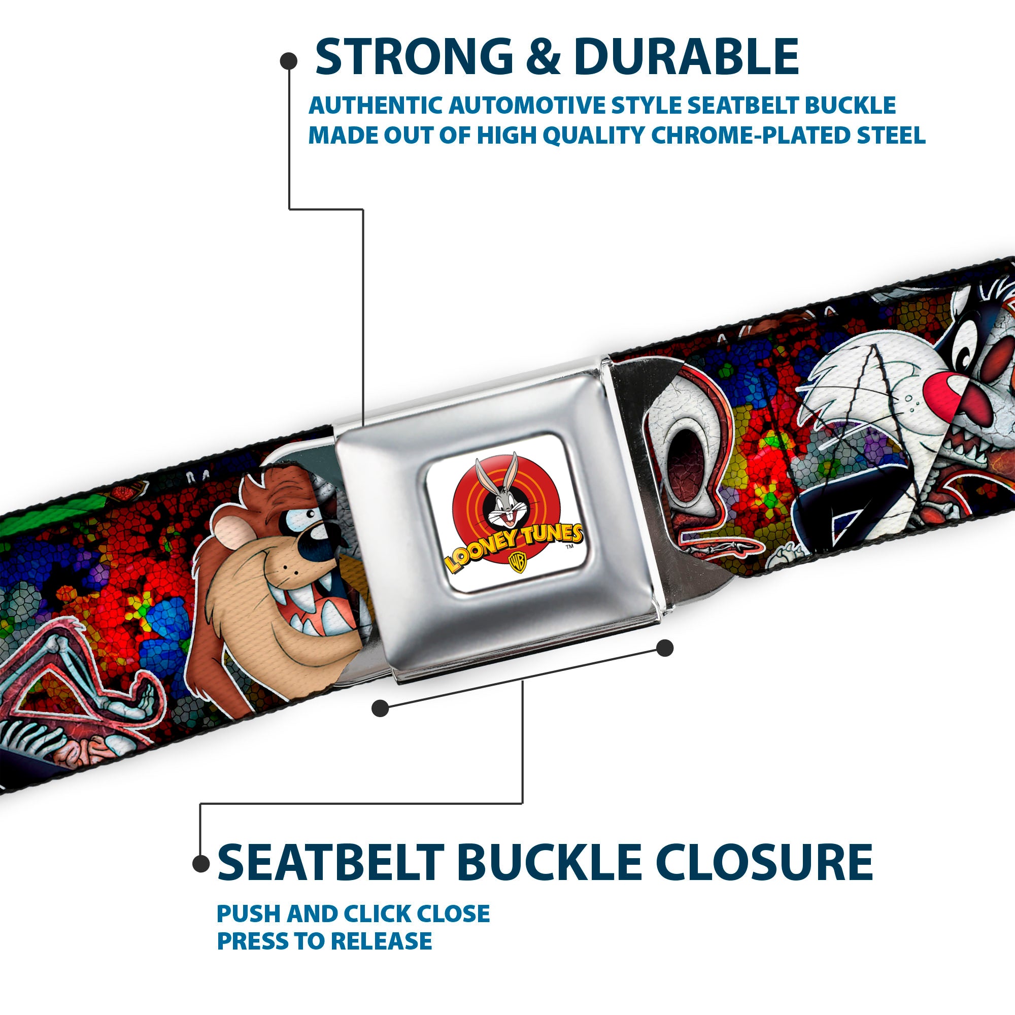 Looney Tunes Logo Full Color White Seatbelt Belt - Looney Tunes 6-Anatomy Character Poses Black Webbing Seatbelt Belts Looney Tunes