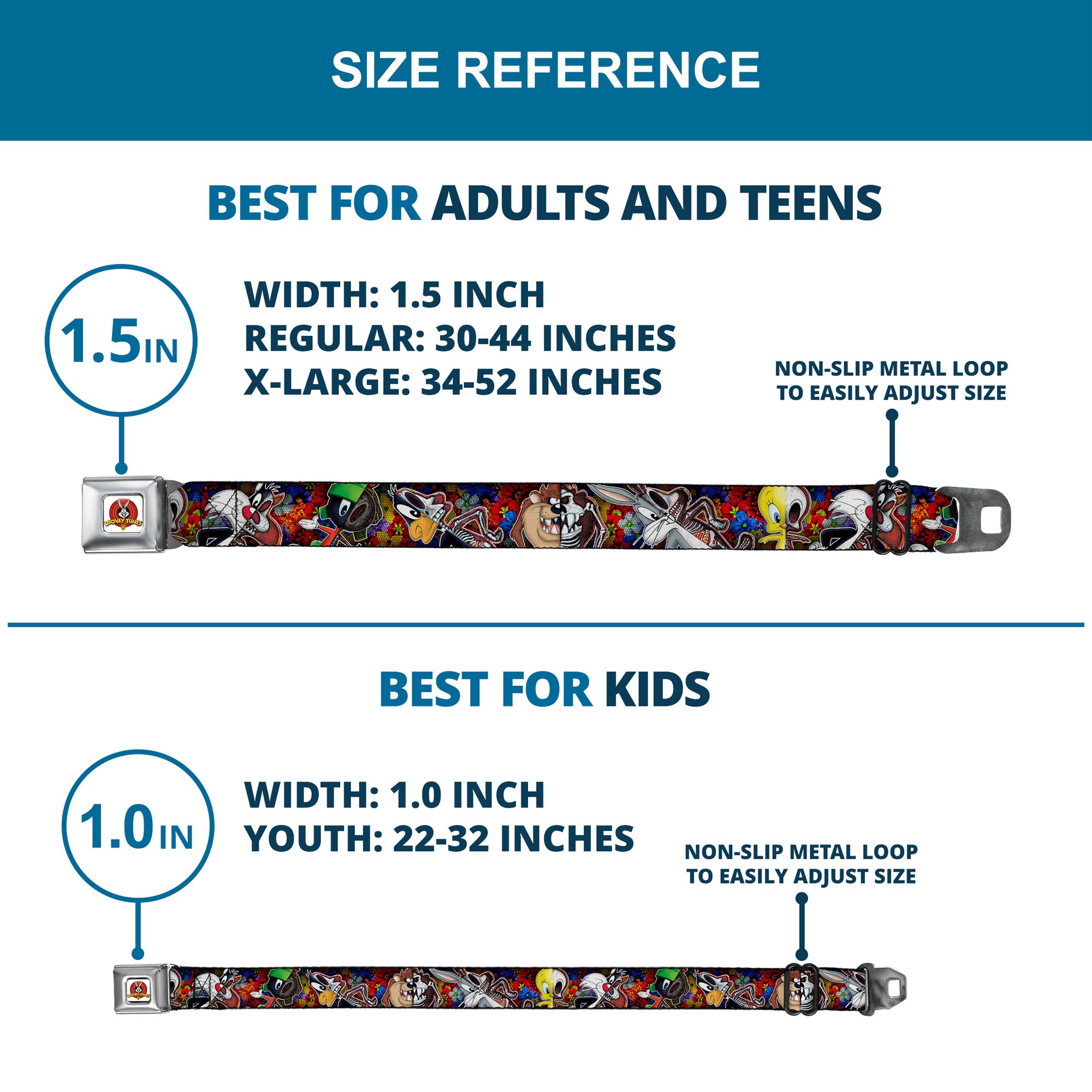 Looney Tunes Logo Full Color White Seatbelt Belt - Looney Tunes 6-Anatomy Character Poses Black Webbing Seatbelt Belts Looney Tunes