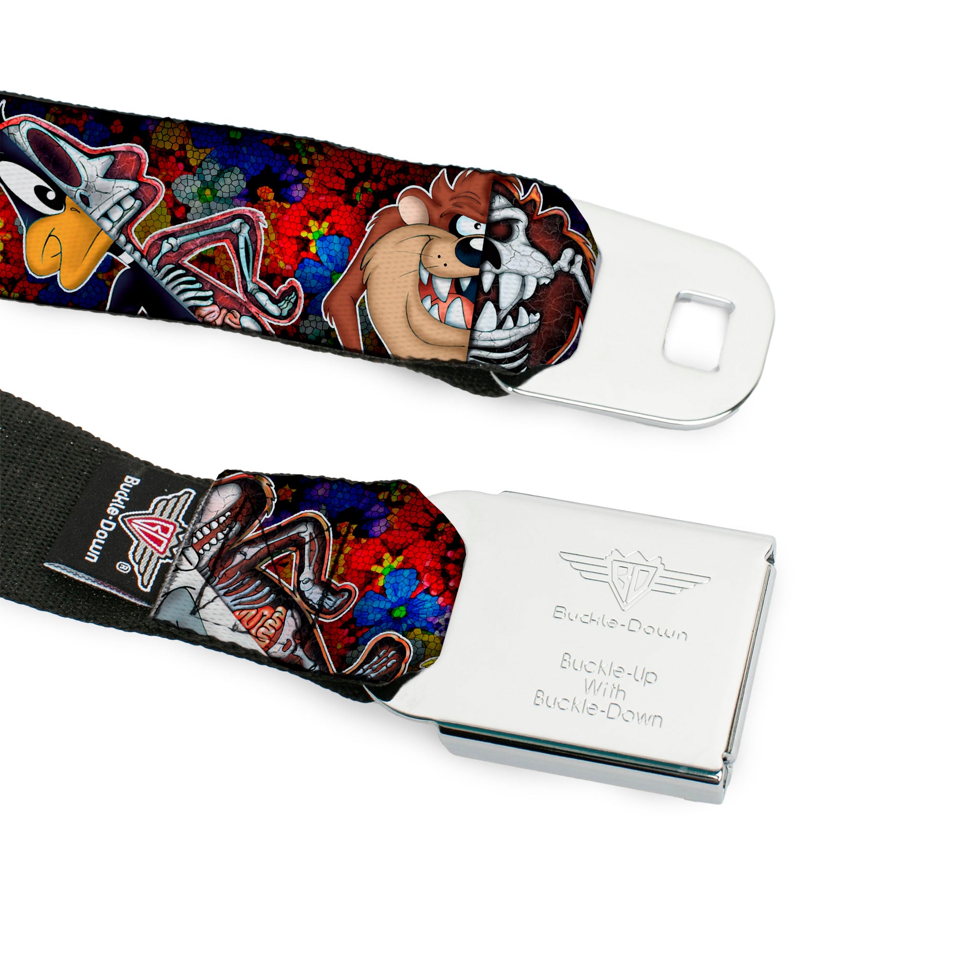 Looney Tunes Logo Full Color White Seatbelt Belt - Looney Tunes 6-Anatomy Character Poses Black Webbing Seatbelt Belts Looney Tunes
