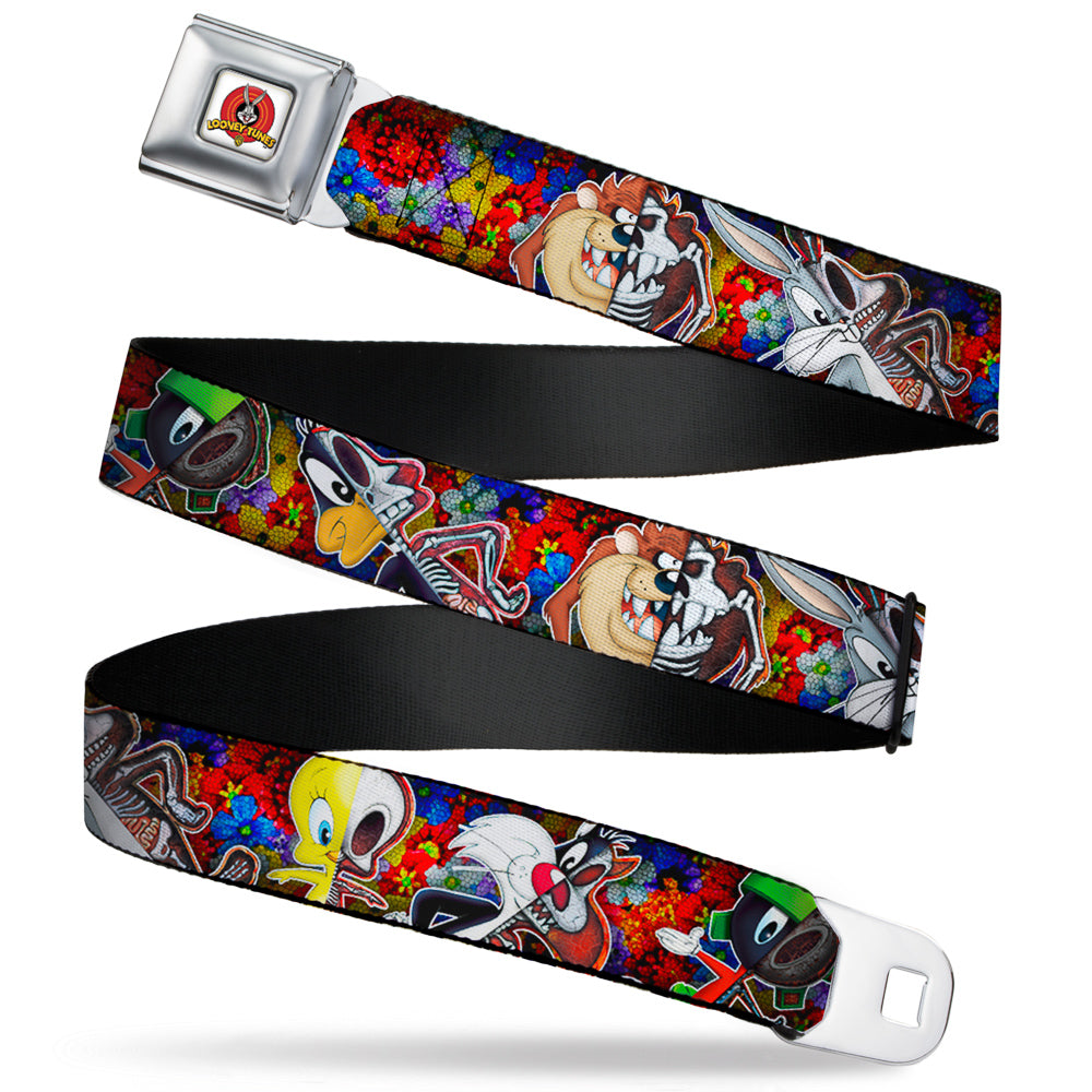 Looney Tunes Logo Full Color White Seatbelt Belt - Looney Tunes 6-Anatomy Character Poses Black Webbing Seatbelt Belts Looney Tunes