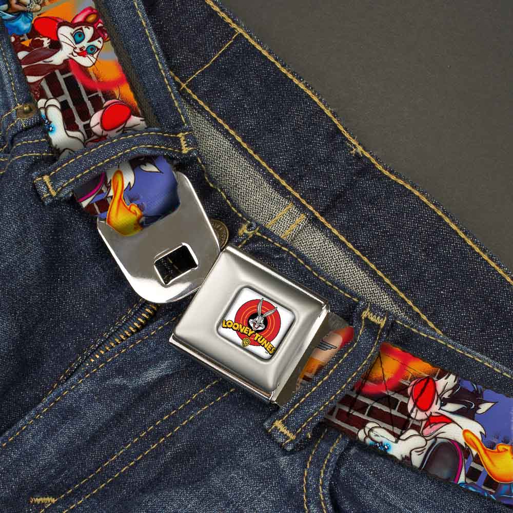 Looney Tunes Logo Full Color White Seatbelt Belt - Looney Tunes 5-Airbrushed Character Poses/Brick Wall Webbing Seatbelt Belts Looney Tunes