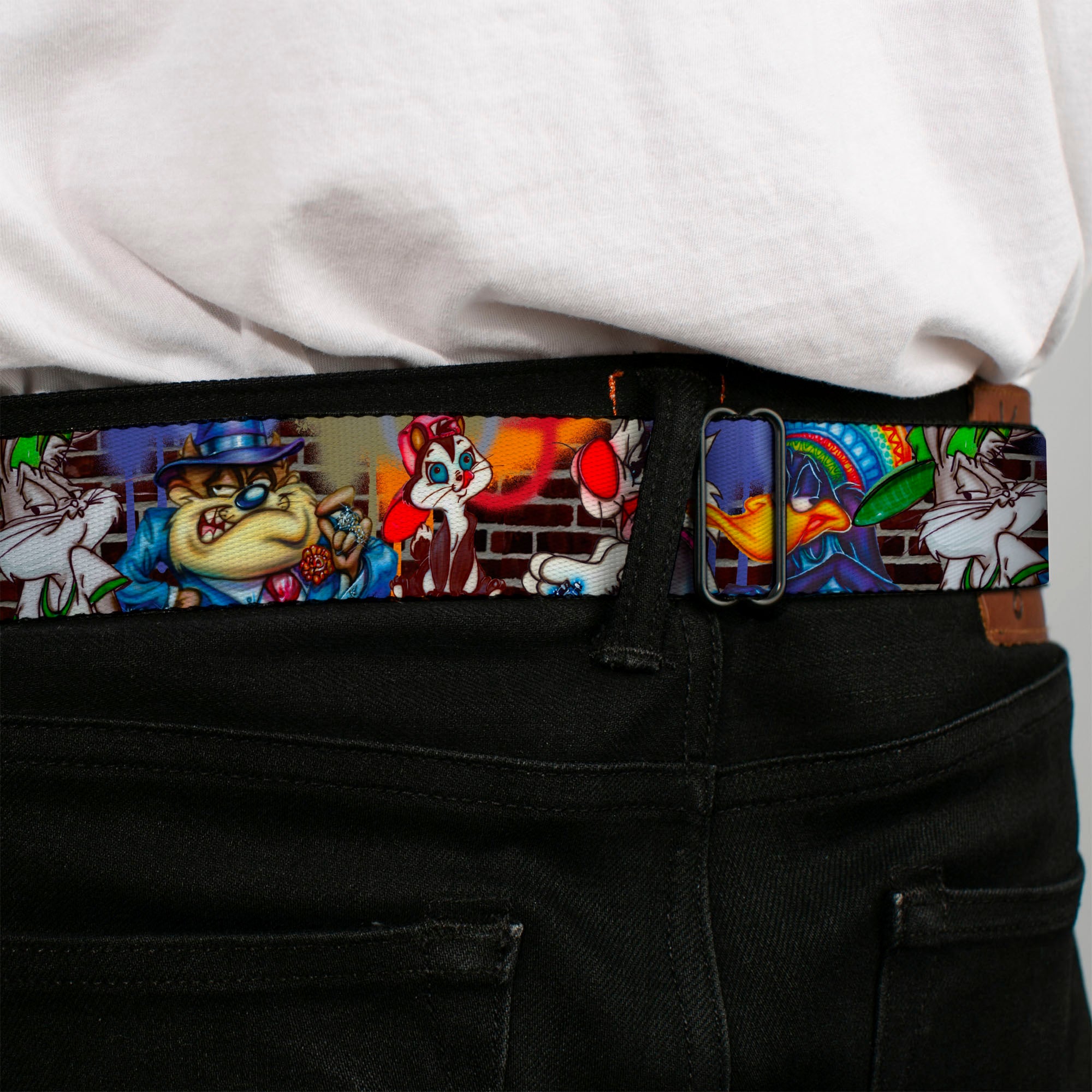 Looney Tunes Logo Full Color White Seatbelt Belt - Looney Tunes 5-Airbrushed Character Poses/Brick Wall Webbing Seatbelt Belts Looney Tunes