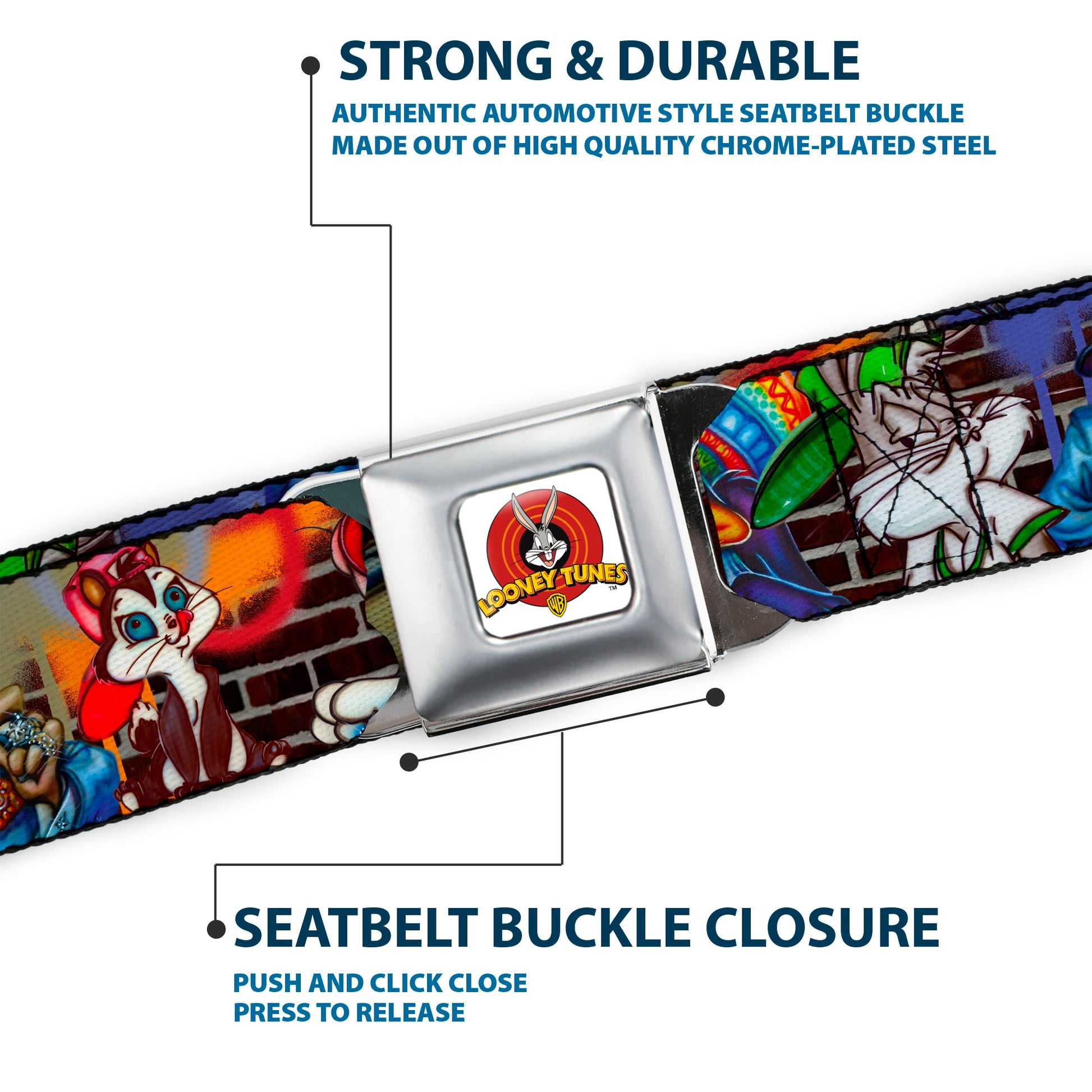 Looney Tunes Logo Full Color White Seatbelt Belt - Looney Tunes 5-Airbrushed Character Poses/Brick Wall Webbing Seatbelt Belts Looney Tunes