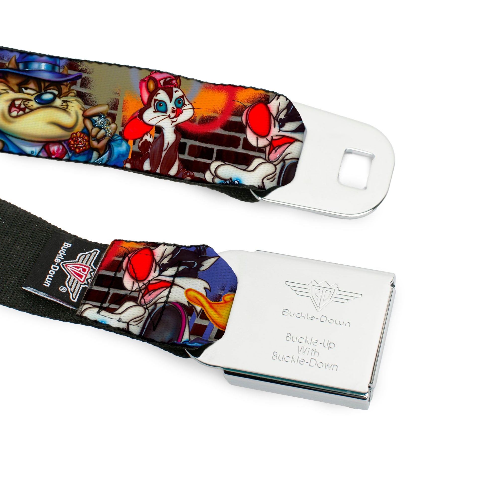 Looney Tunes Logo Full Color White Seatbelt Belt - Looney Tunes 5-Airbrushed Character Poses/Brick Wall Webbing Seatbelt Belts Looney Tunes