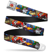 Looney Tunes Logo Full Color White Seatbelt Belt - Looney Tunes 5-Airbrushed Character Poses/Brick Wall Webbing Seatbelt Belts Looney Tunes