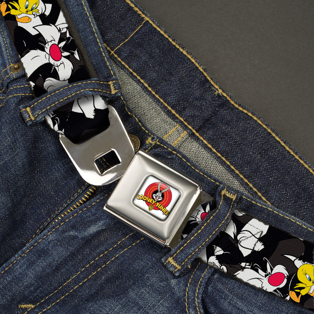 Looney Tunes Logo Full Color White Seatbelt Belt - Sylvester and Tweety Poses Scattered Charcoal Webbing Seatbelt Belts Looney Tunes