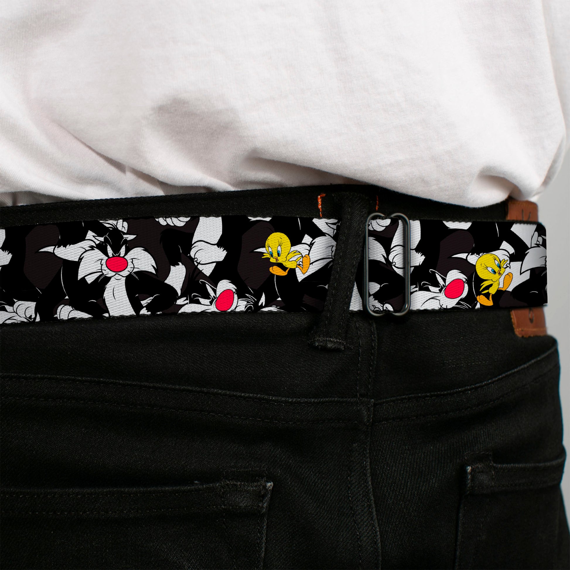 Looney Tunes Logo Full Color White Seatbelt Belt - Sylvester and Tweety Poses Scattered Charcoal Webbing Seatbelt Belts Looney Tunes
