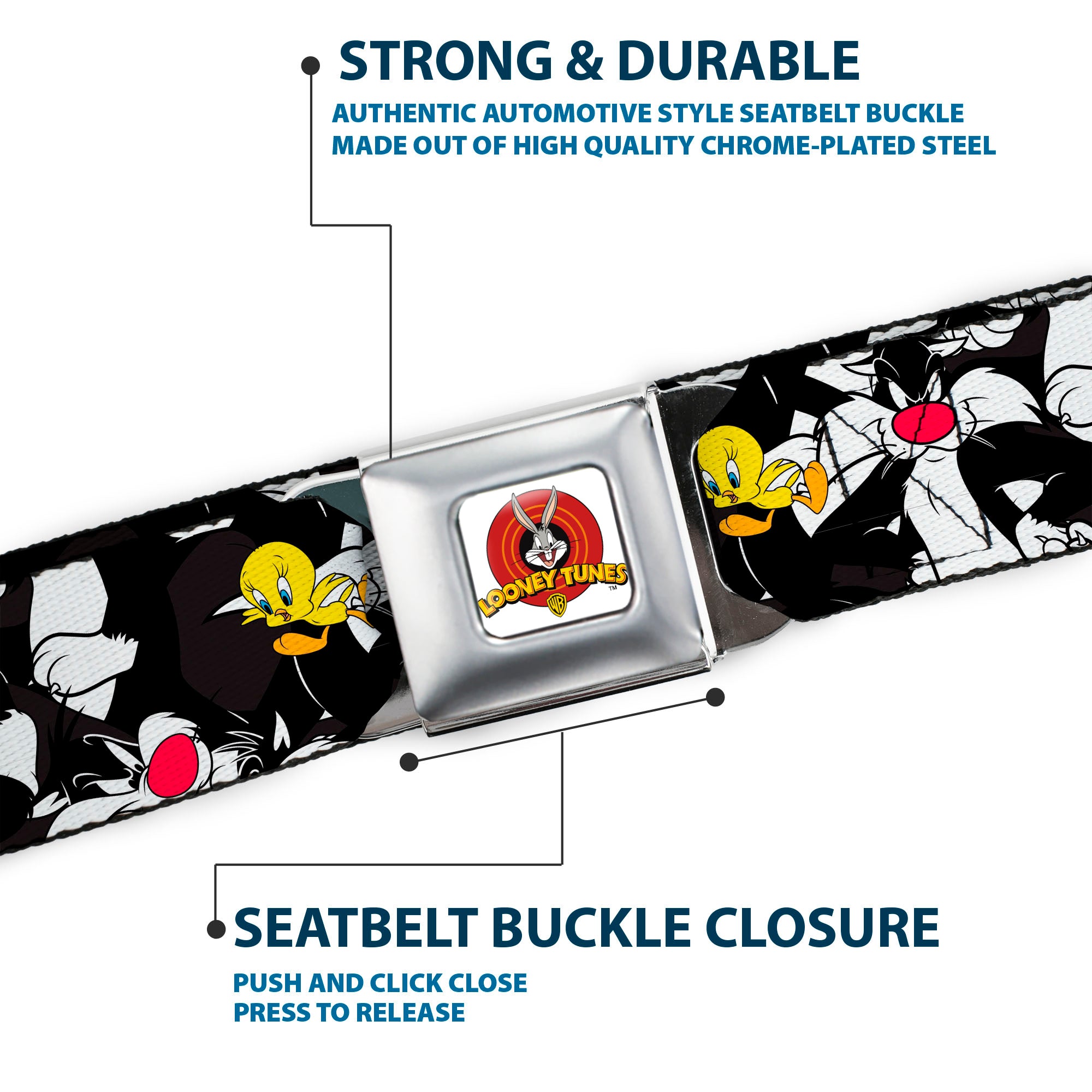 Looney Tunes Logo Full Color White Seatbelt Belt - Sylvester and Tweety Poses Scattered Charcoal Webbing Seatbelt Belts Looney Tunes