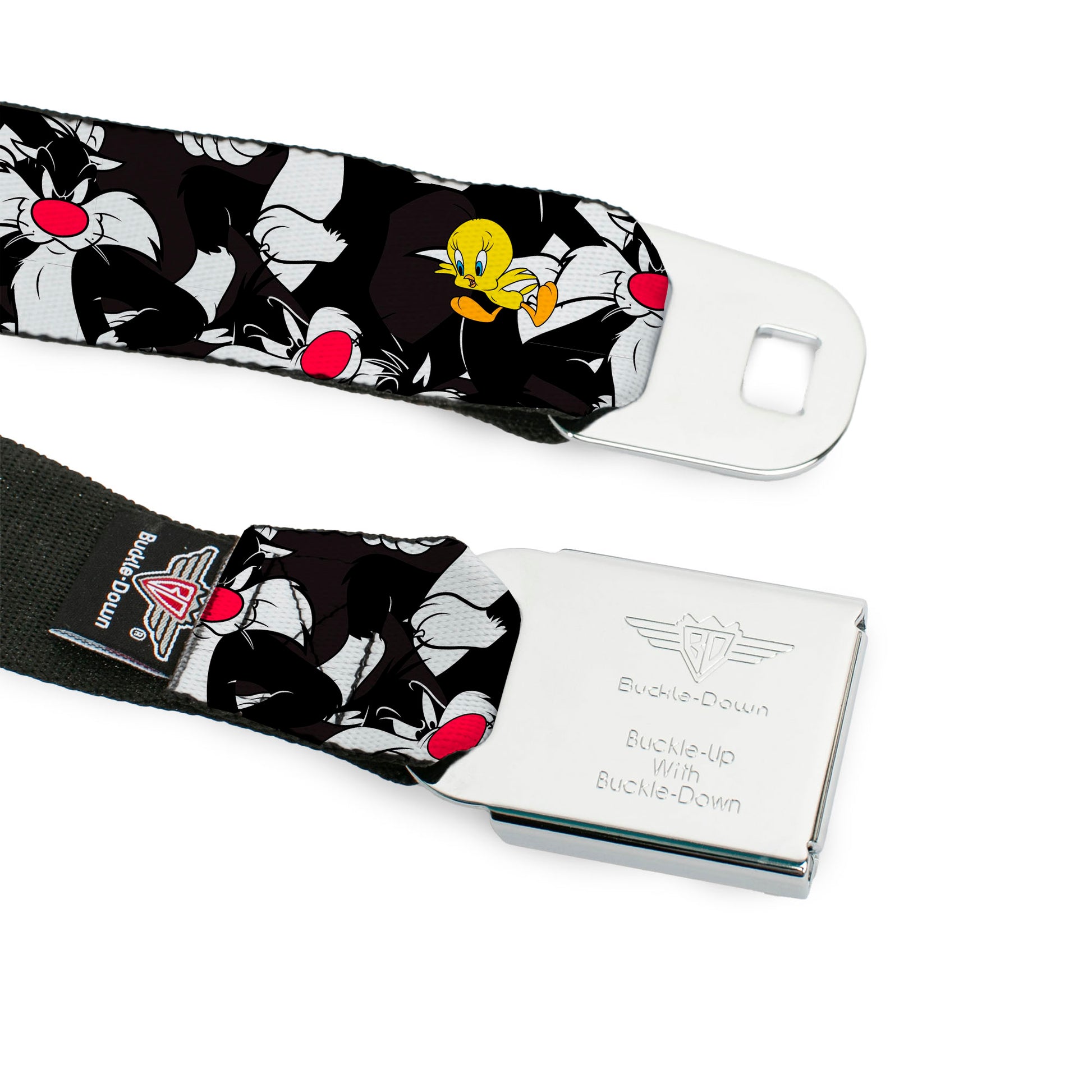 Looney Tunes Logo Full Color White Seatbelt Belt - Sylvester and Tweety Poses Scattered Charcoal Webbing Seatbelt Belts Looney Tunes