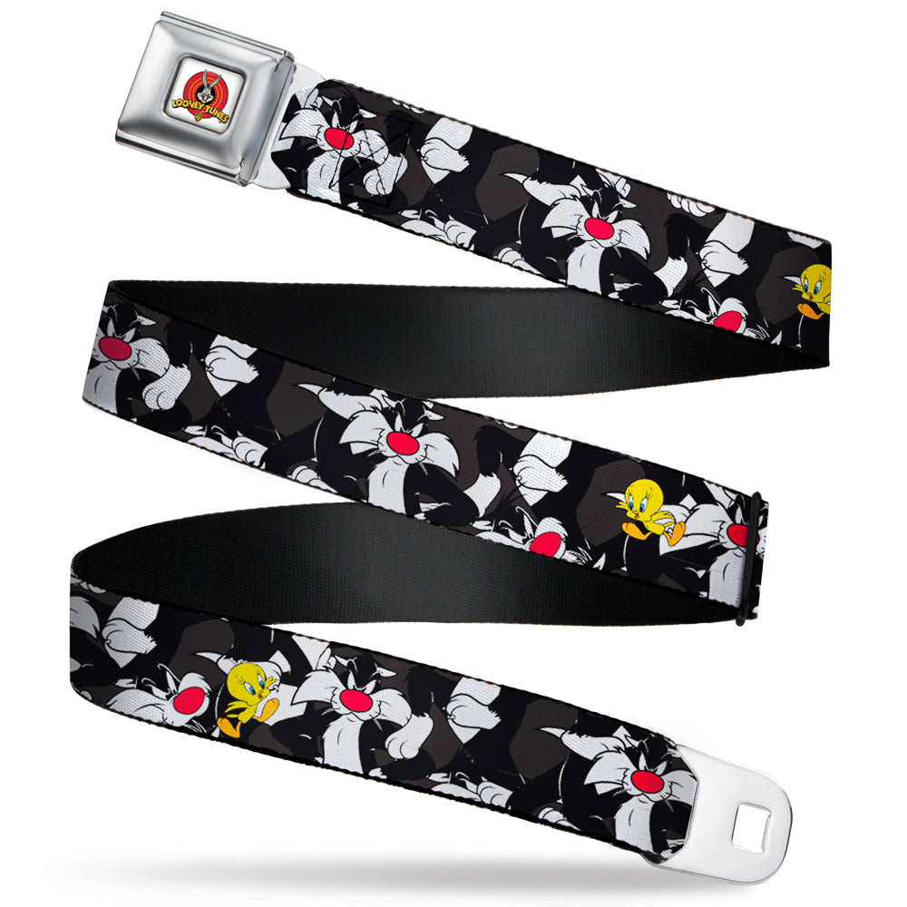 Looney Tunes Logo Full Color White Seatbelt Belt - Sylvester and Tweety Poses Scattered Charcoal Webbing Seatbelt Belts Looney Tunes