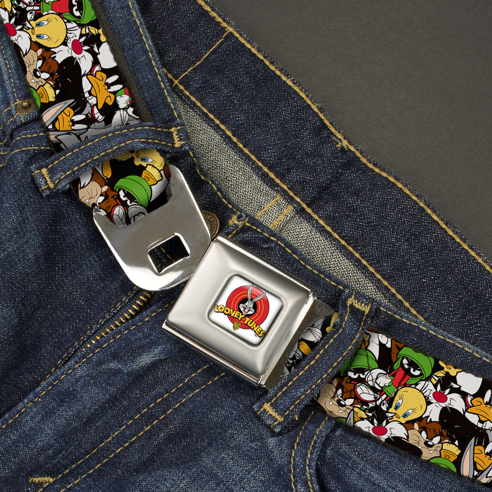 Looney Tunes Logo Full Color White Seatbelt Belt - Looney Tunes 6-Character Stacked Collage3 Webbing Seatbelt Belts Looney Tunes