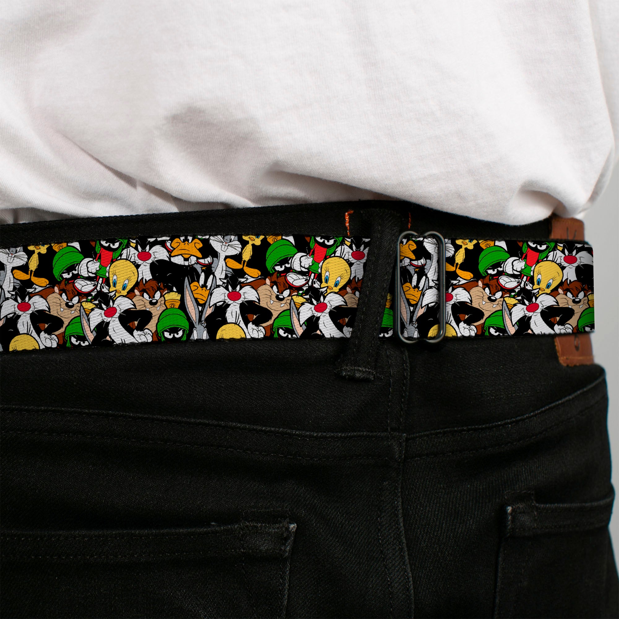 Looney Tunes Logo Full Color White Seatbelt Belt - Looney Tunes 6-Character Stacked Collage3 Webbing Seatbelt Belts Looney Tunes