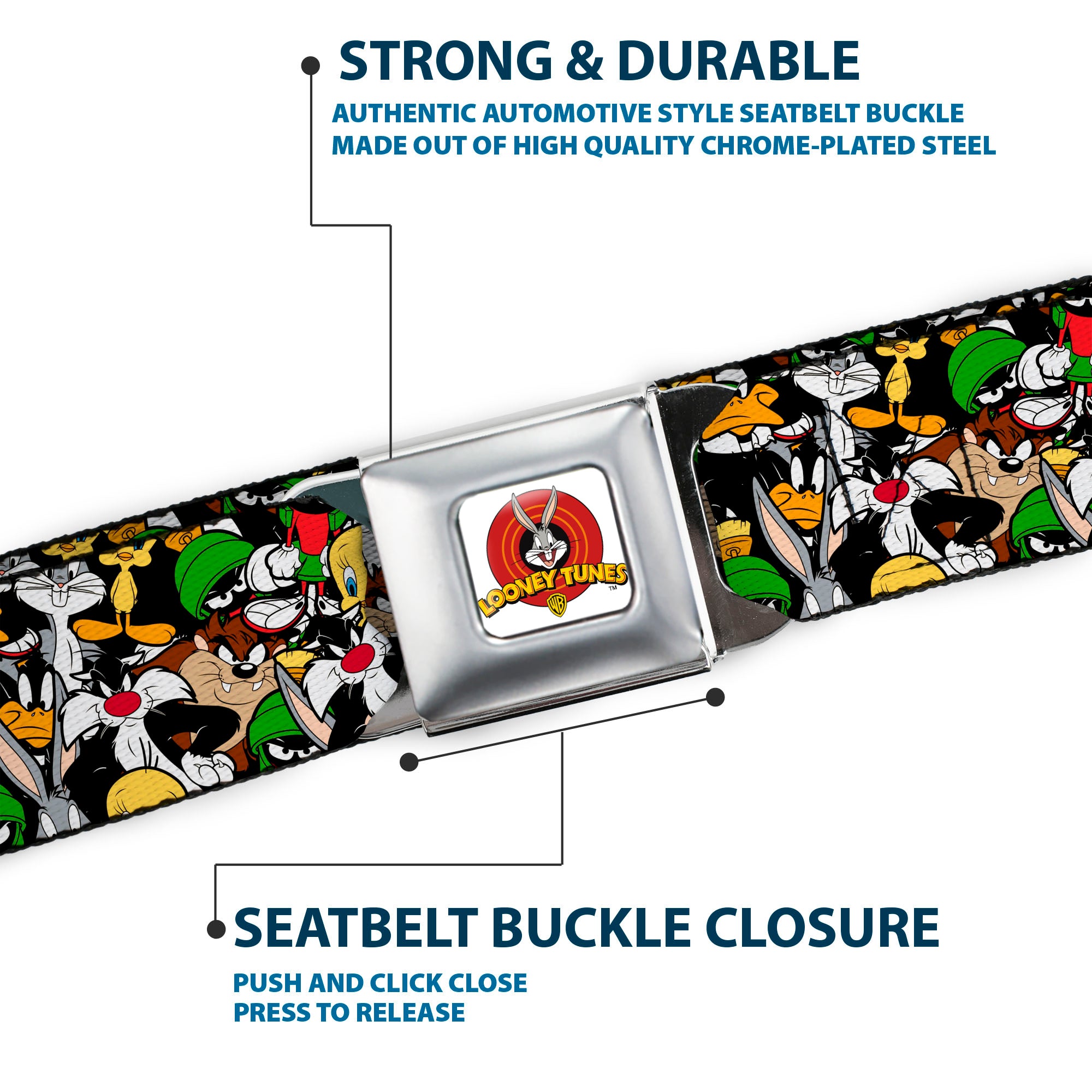 Looney Tunes Logo Full Color White Seatbelt Belt - Looney Tunes 6-Character Stacked Collage3 Webbing Seatbelt Belts Looney Tunes