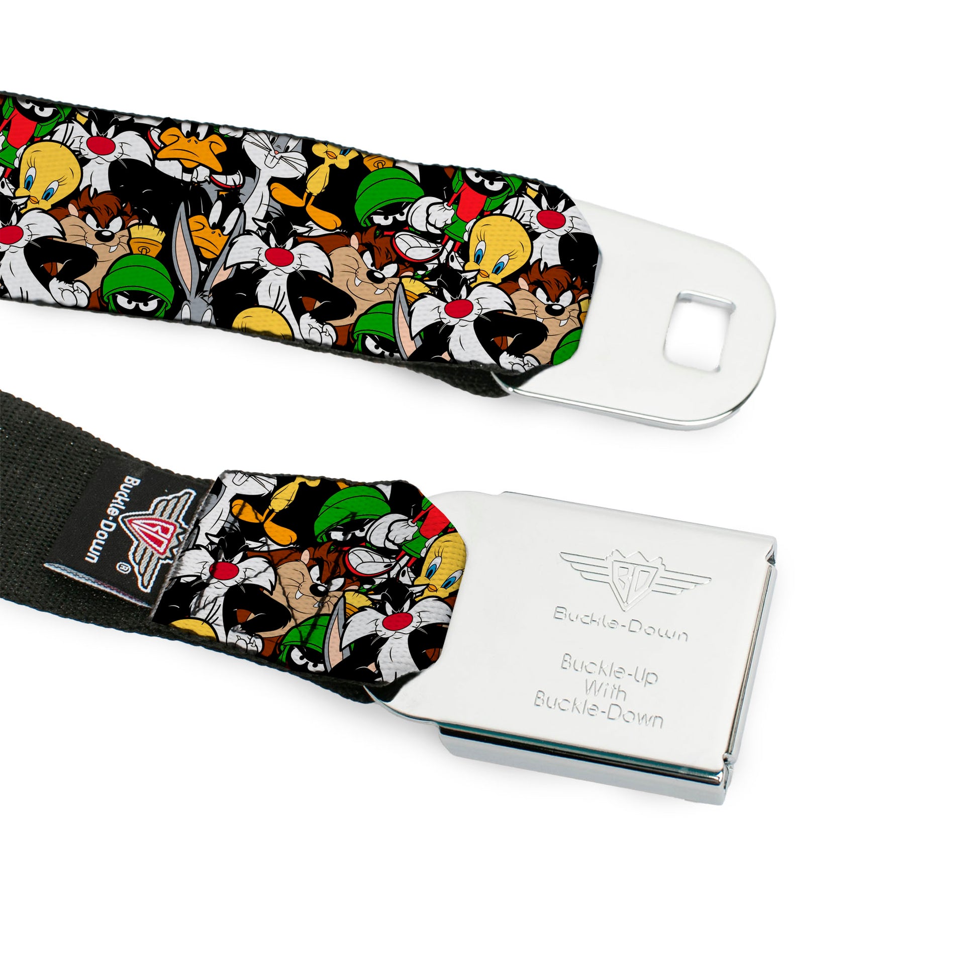 Looney Tunes Logo Full Color White Seatbelt Belt - Looney Tunes 6-Character Stacked Collage3 Webbing Seatbelt Belts Looney Tunes